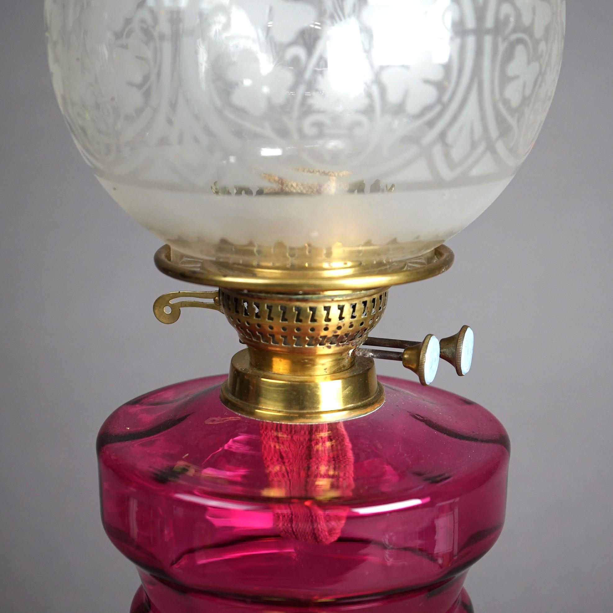 Antique Brass &Cranberry Glass “Gone With The Wind” Oil Lamp C1890 For Sale 2