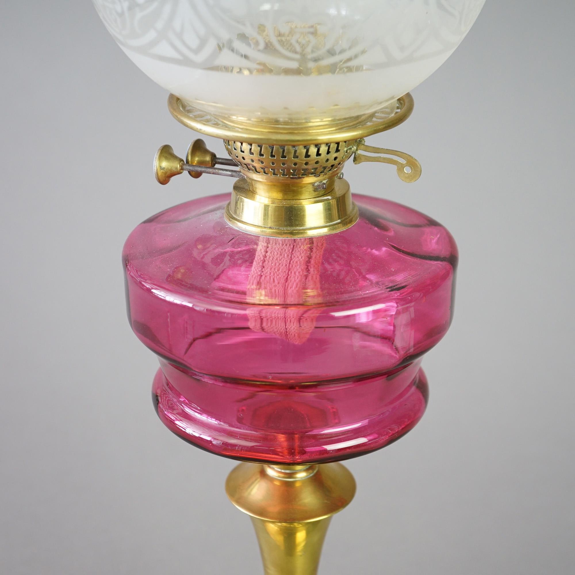 Antique Brass &Cranberry Glass “Gone With The Wind” Oil Lamp C1890 For Sale 3