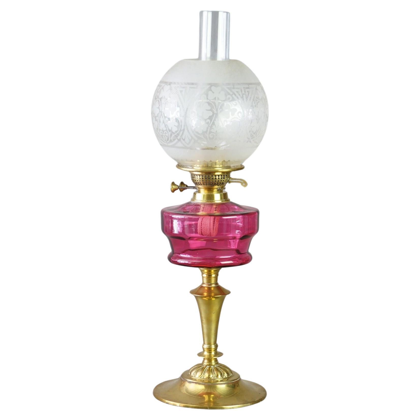 Antique Brass &Cranberry Glass “Gone With The Wind” Oil Lamp C1890 For Sale