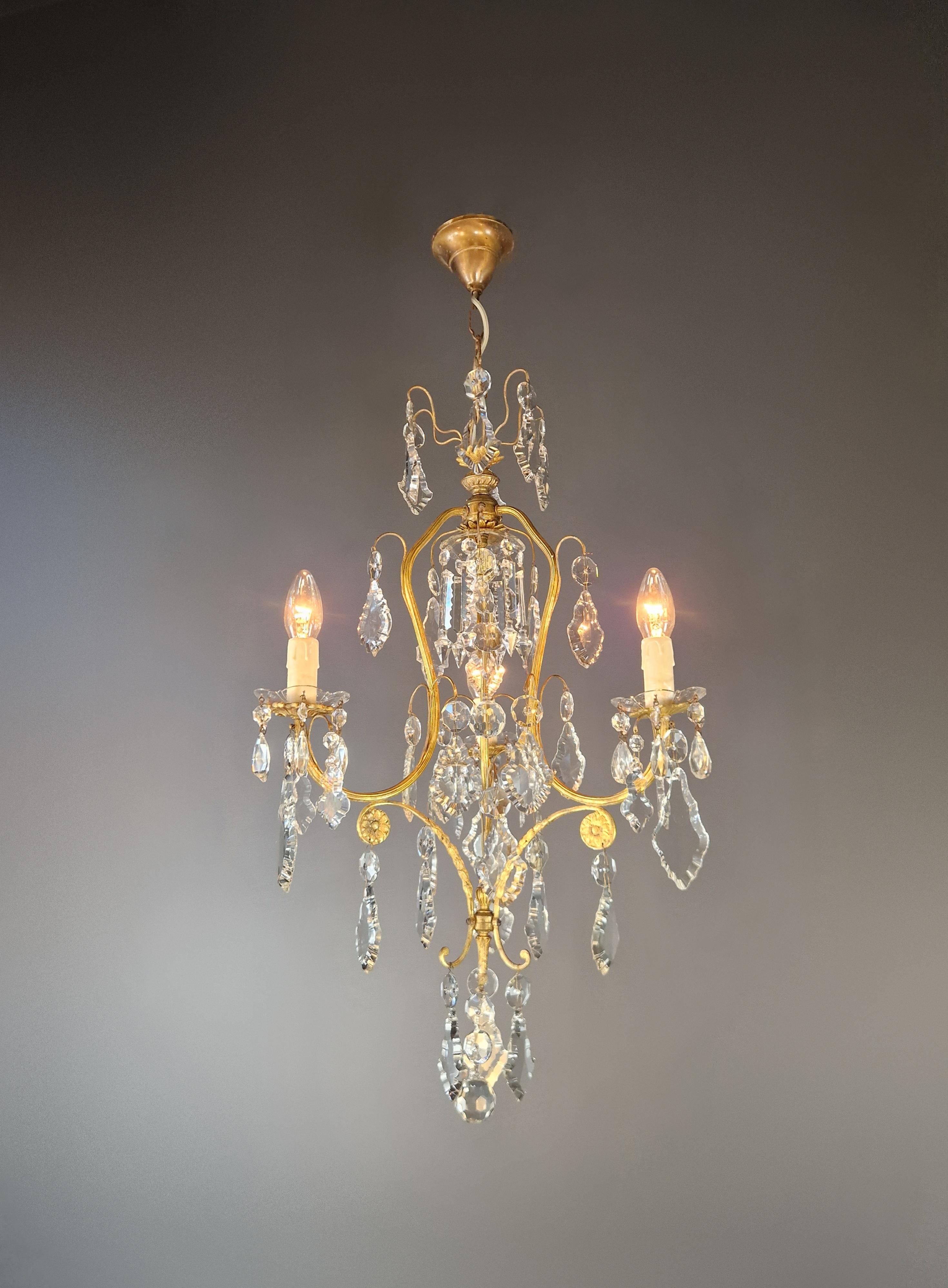 Metà XX secolo Lampadario da soffitto in cristallo d'ottone antico Lustro Lampada Art Nouveau in vendita