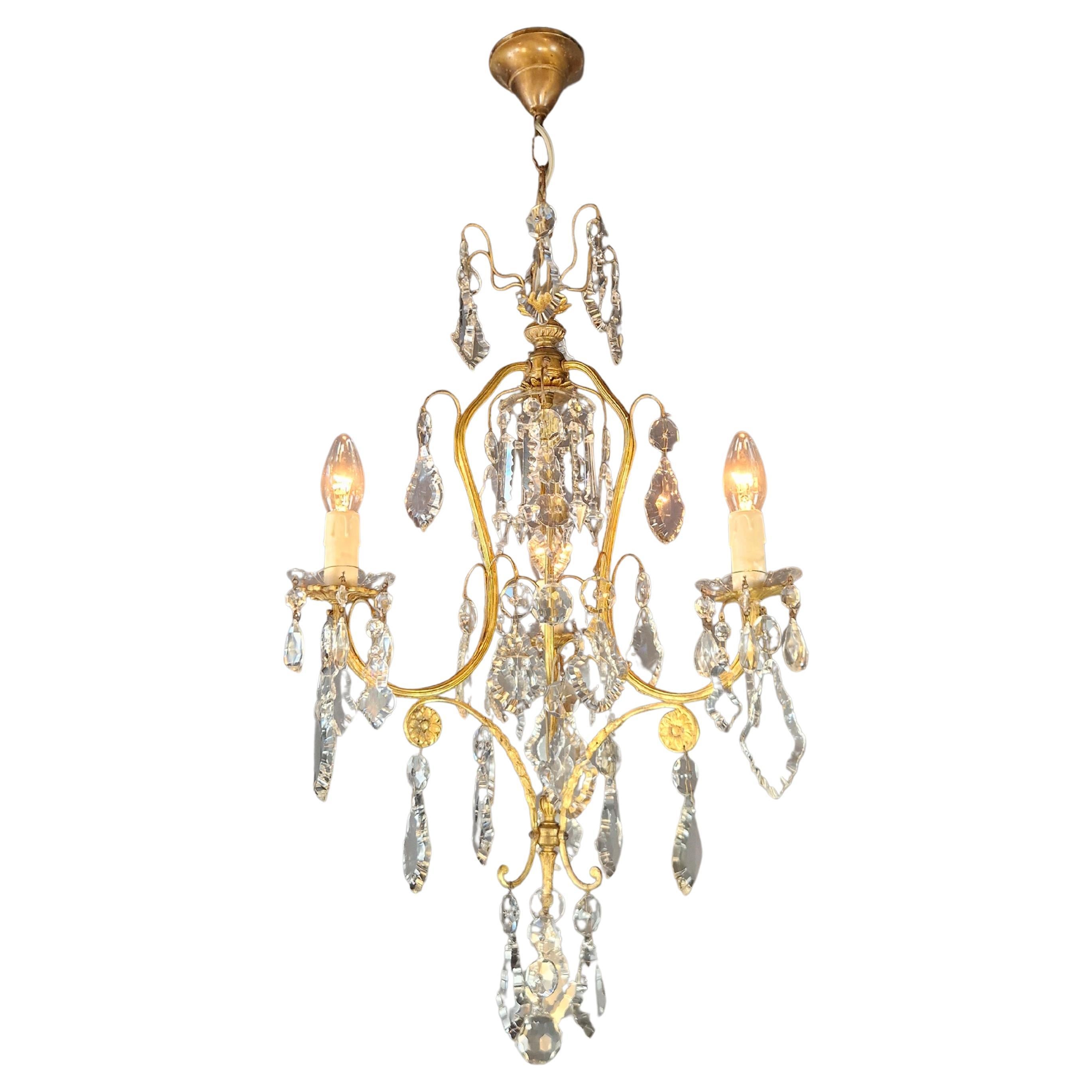 Plafonnier ancien en laiton cristal lustre Art Nouveau