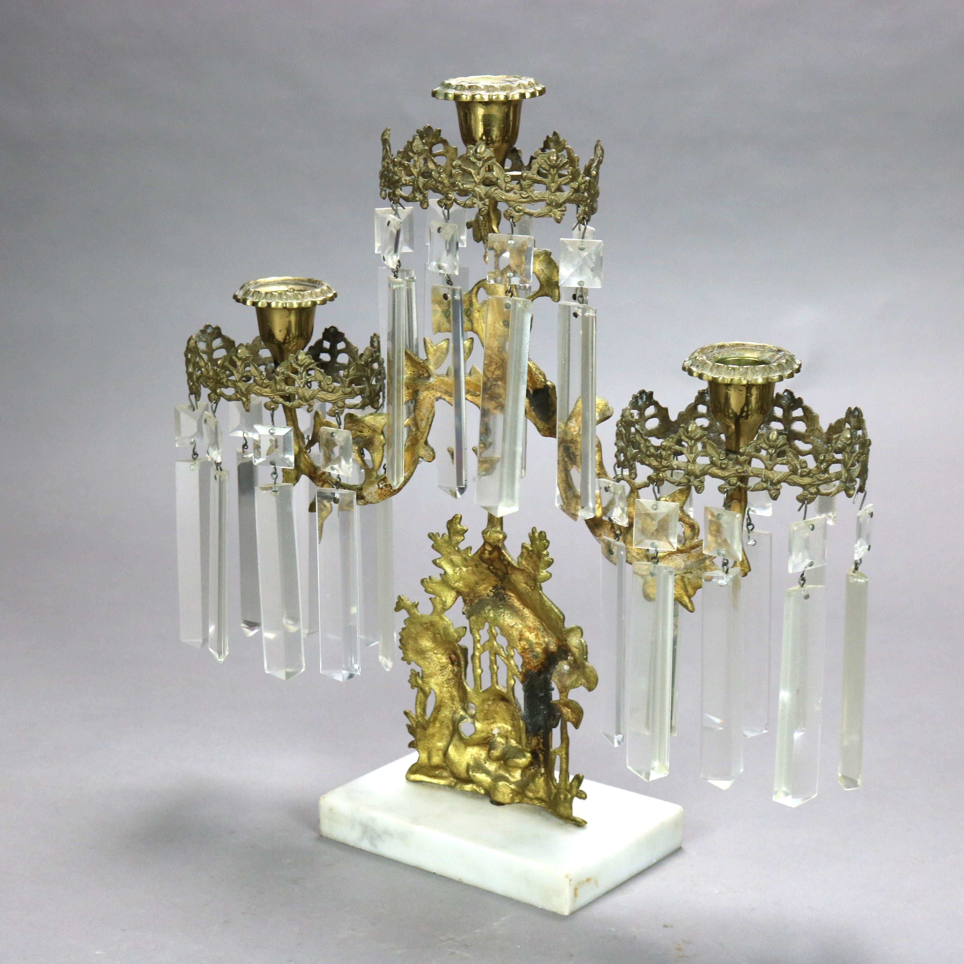 Candelabro Girandole antico in ottone, cristallo e marmo con alveare e orso C1890 in vendita 3