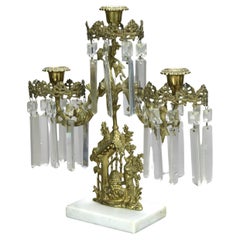 Antique Brass, Crystal & Marble Girandole Candelabra with Beehive & Bear C1890