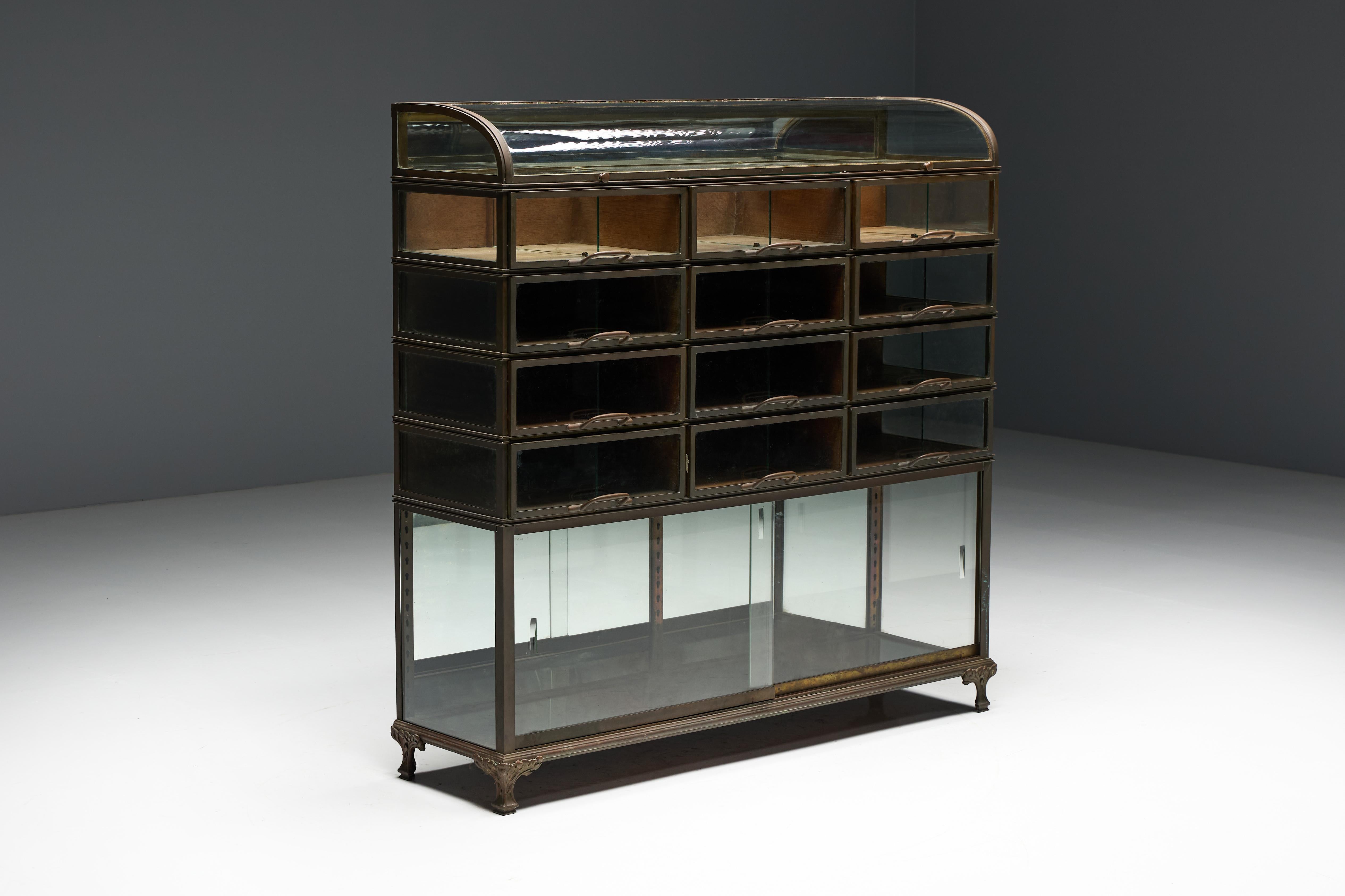 Vitrina comercial antigua, probablemente de finales del siglo XIX o principios del XX, un bello ejemplo de diseño industrial-art-nouveau. La estructura de varios niveles del armario, con ventanas de cristal y cajones, indica que estaba destinado a