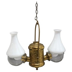 Antique Brass Double Angle Hanging Lamp With Milk Glass Shades c1890