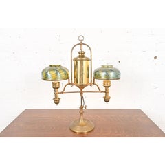 Antique Brass Double Arm Student Lamp With Tiffany Studios Damascene Lamp Shades