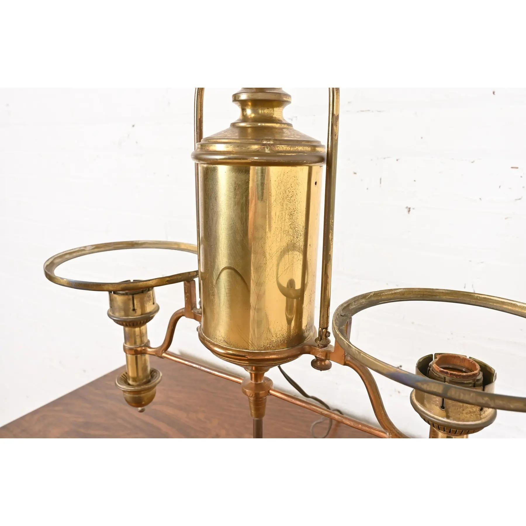Antike Messing Doppelarm Student Lampe mit Tiffany Studios Damaszener Lampenschirme im Angebot 3
