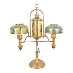 Antique Brass Double Arm Student Lamp With Tiffany Studios Damascene Lamp Shades