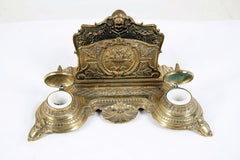Antique Brass Double Inkstand, Inkwell, Desk Set, Scotland 1910, H526