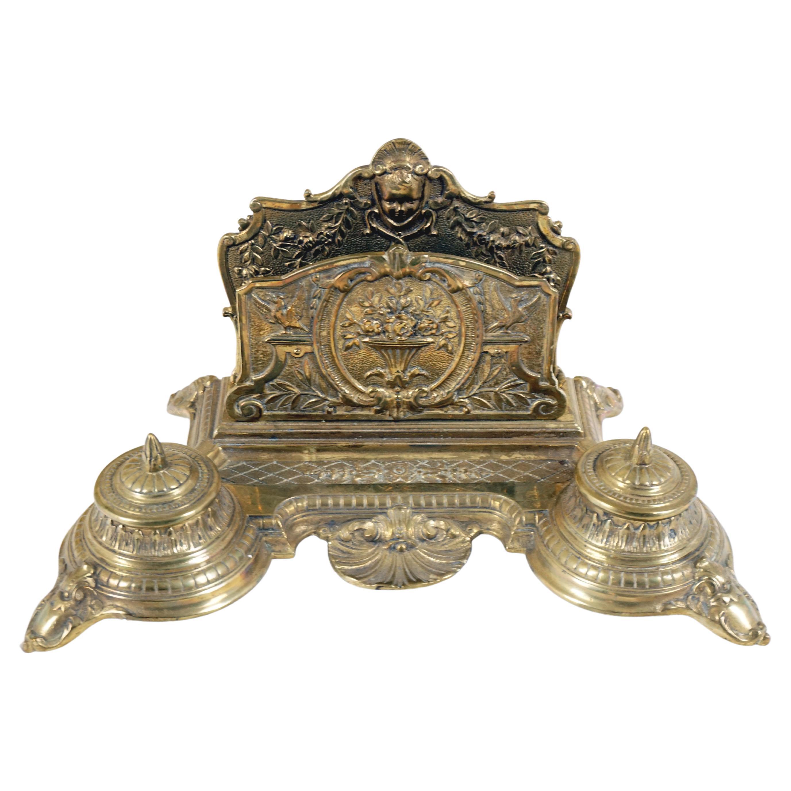 Antique Brass Double Inkstand, Inkwell, Desk Set, Scotland 1910, H526