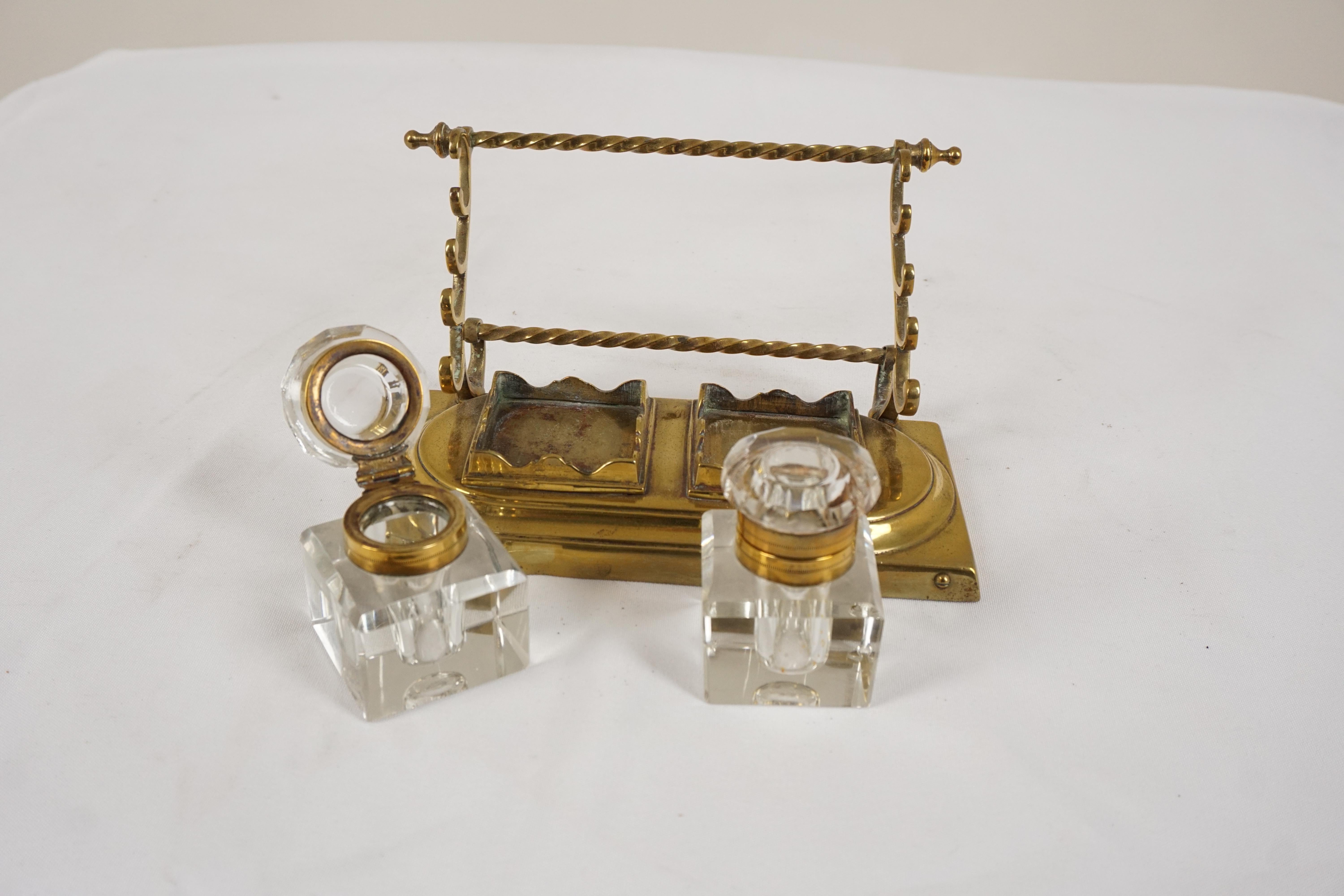 Scottish Antique Brass Double Inkstand with Pen Holders, Scotland 1900, H548 For Sale
