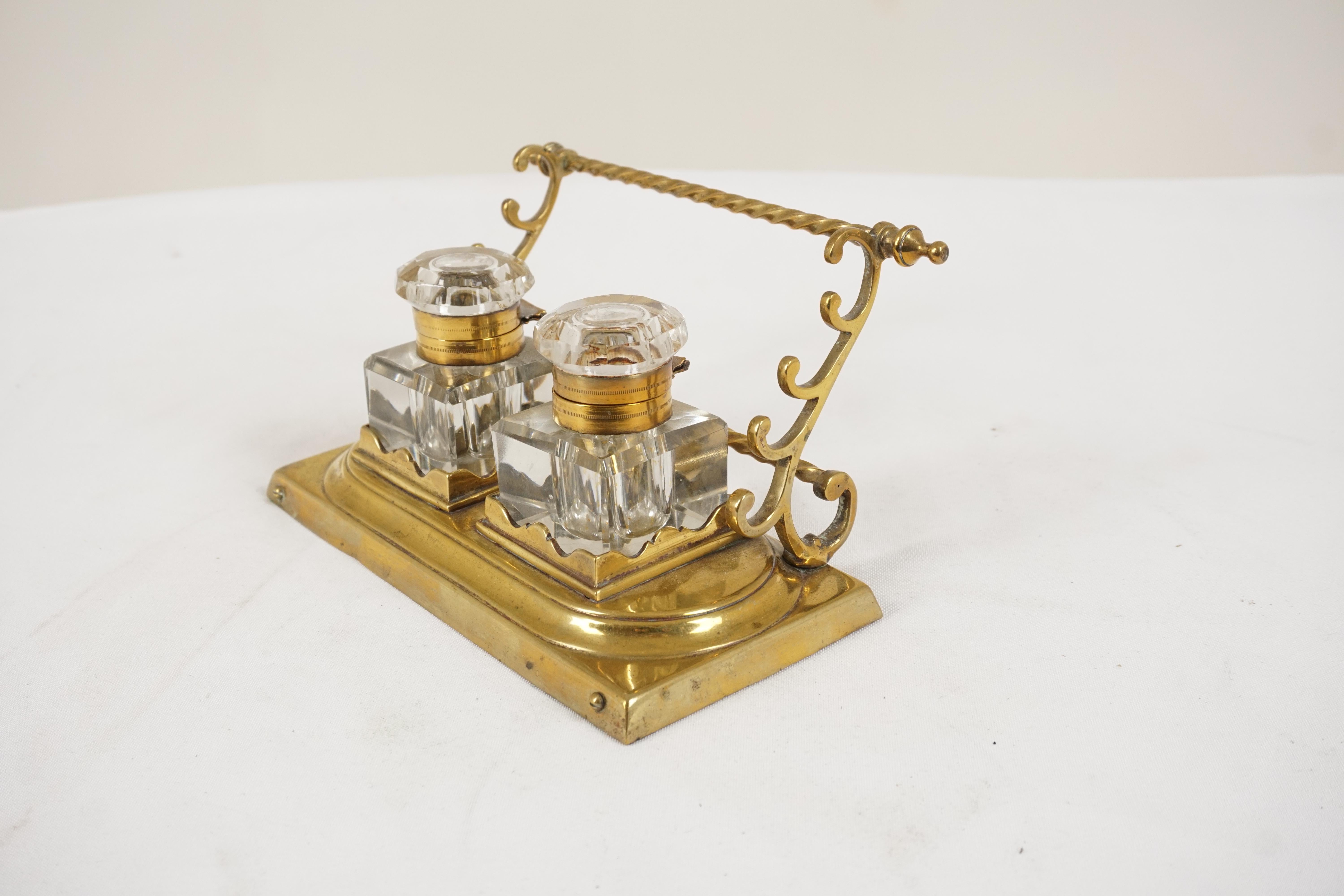 Hand-Crafted Antique Brass Double Inkstand with Pen Holders, Scotland 1900, H548 For Sale