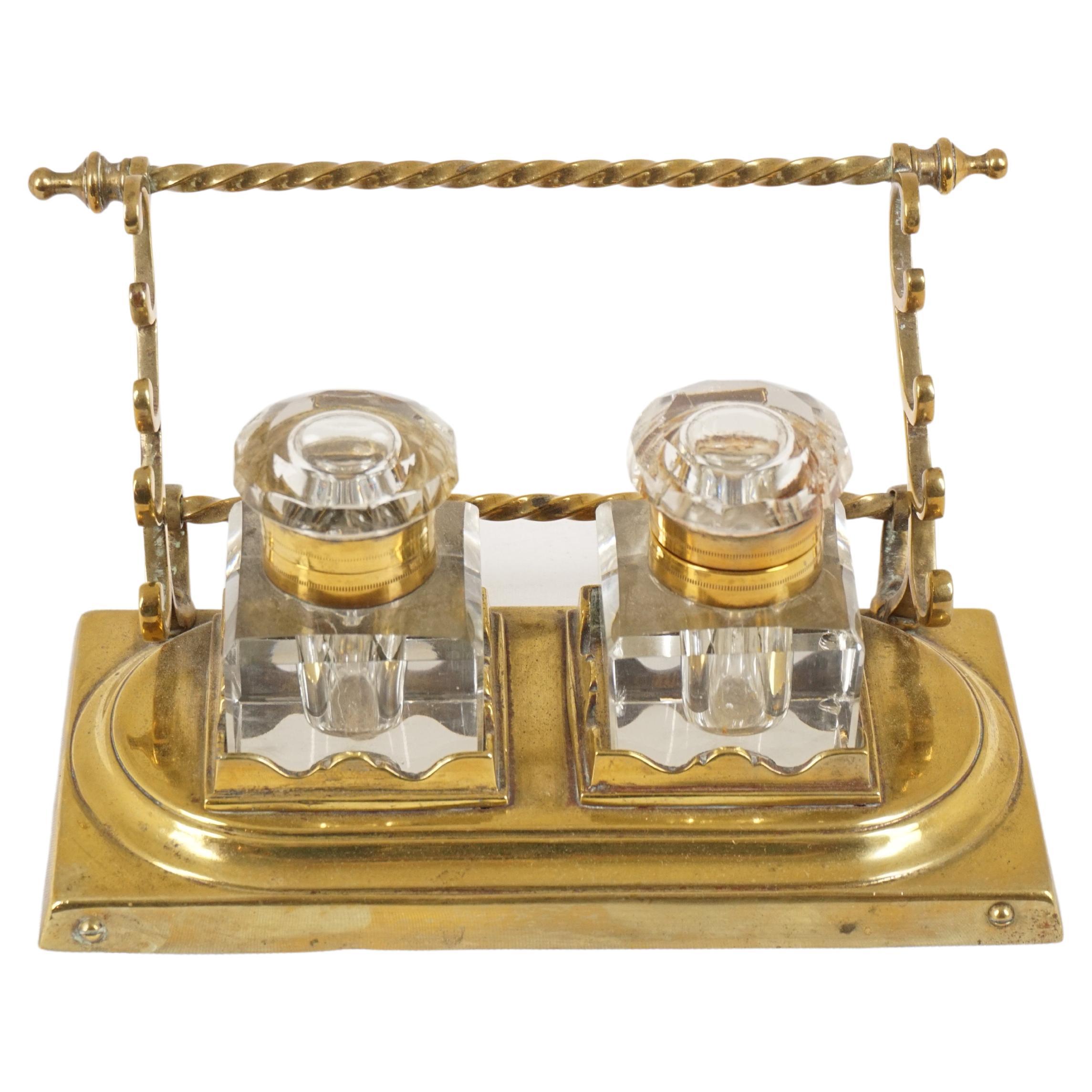 Antique Brass Double Inkstand with Pen Holders, Scotland 1900, H548