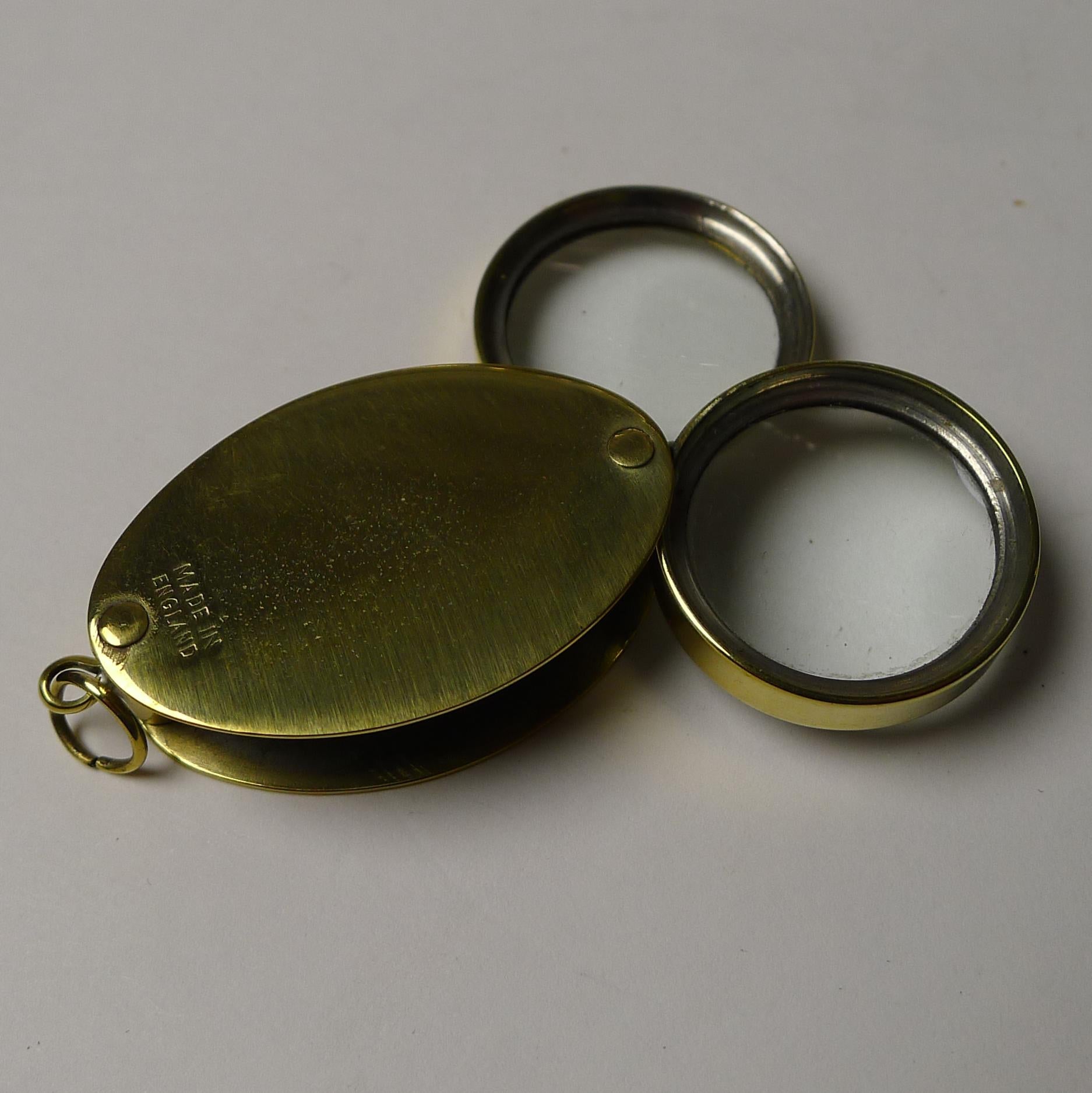 English Antique Brass Double Lens Magnifying Glass, c.1920