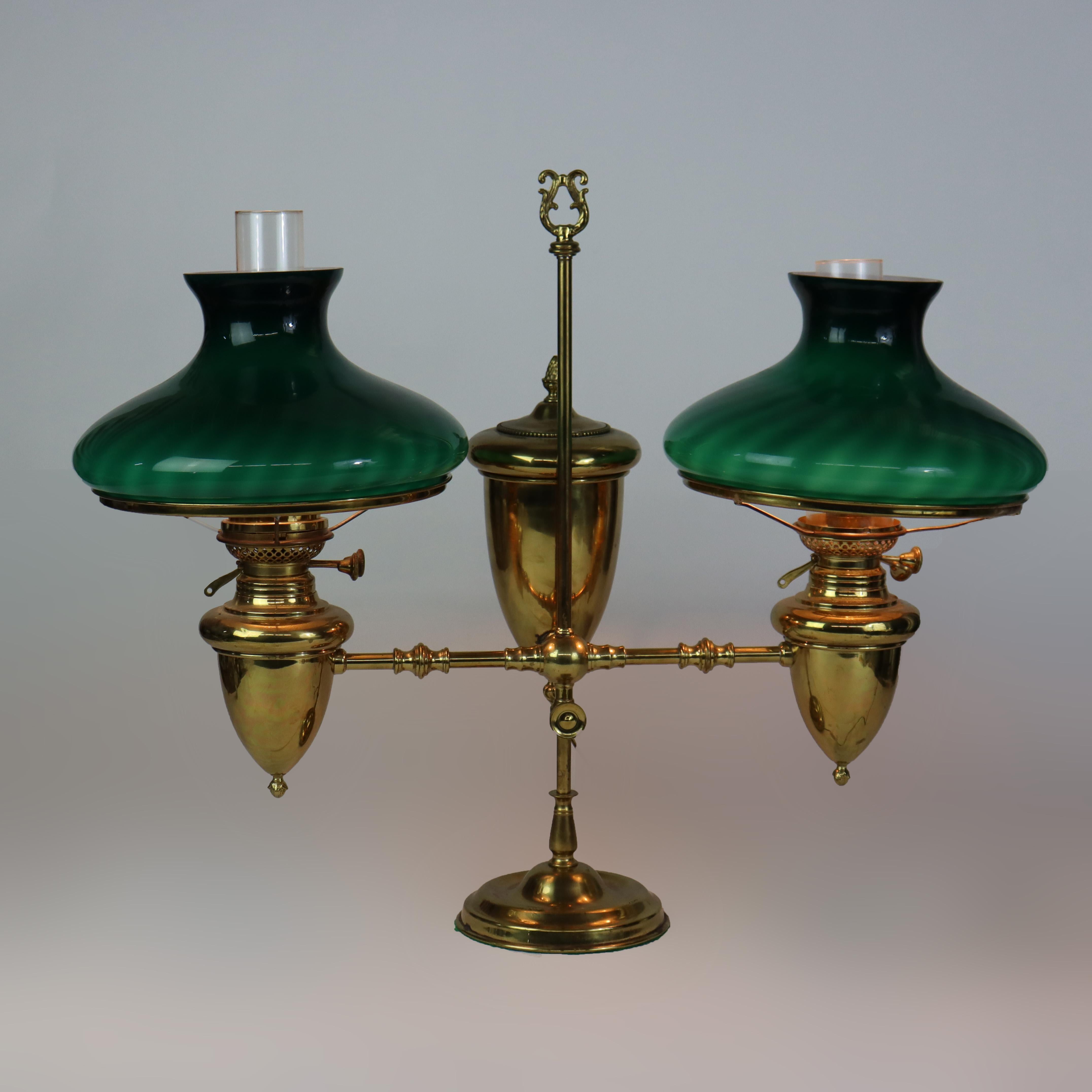 \Antique Brass Double Student Lamp With Emerald Case Shades c1910 For Sale 5