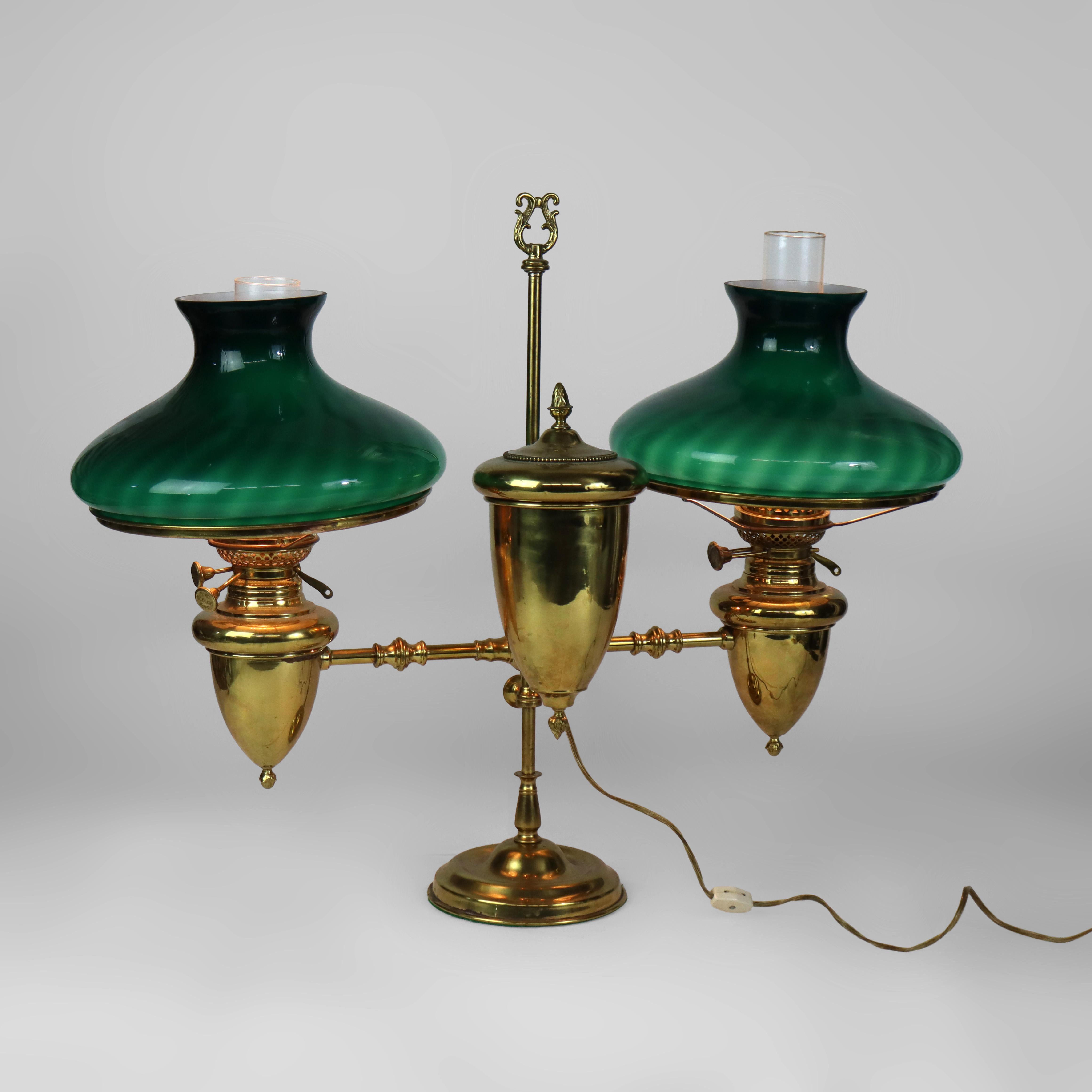 \Antique Brass Double Student Lamp With Emerald Case Shades c1910 For Sale 7