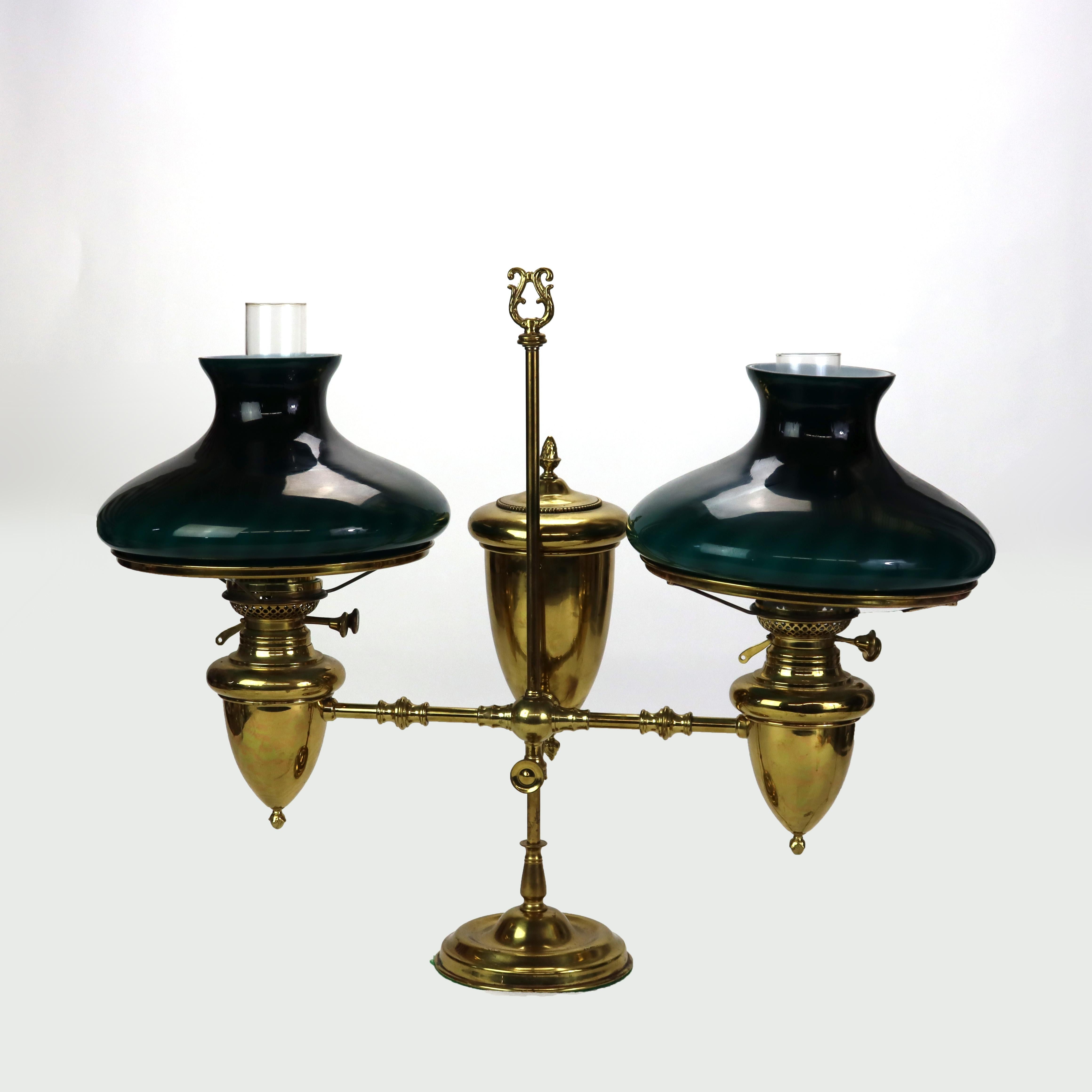 Antique Brass Double Student Lamp With Emerald Case Shades Unsigned C1910 (23 1/4