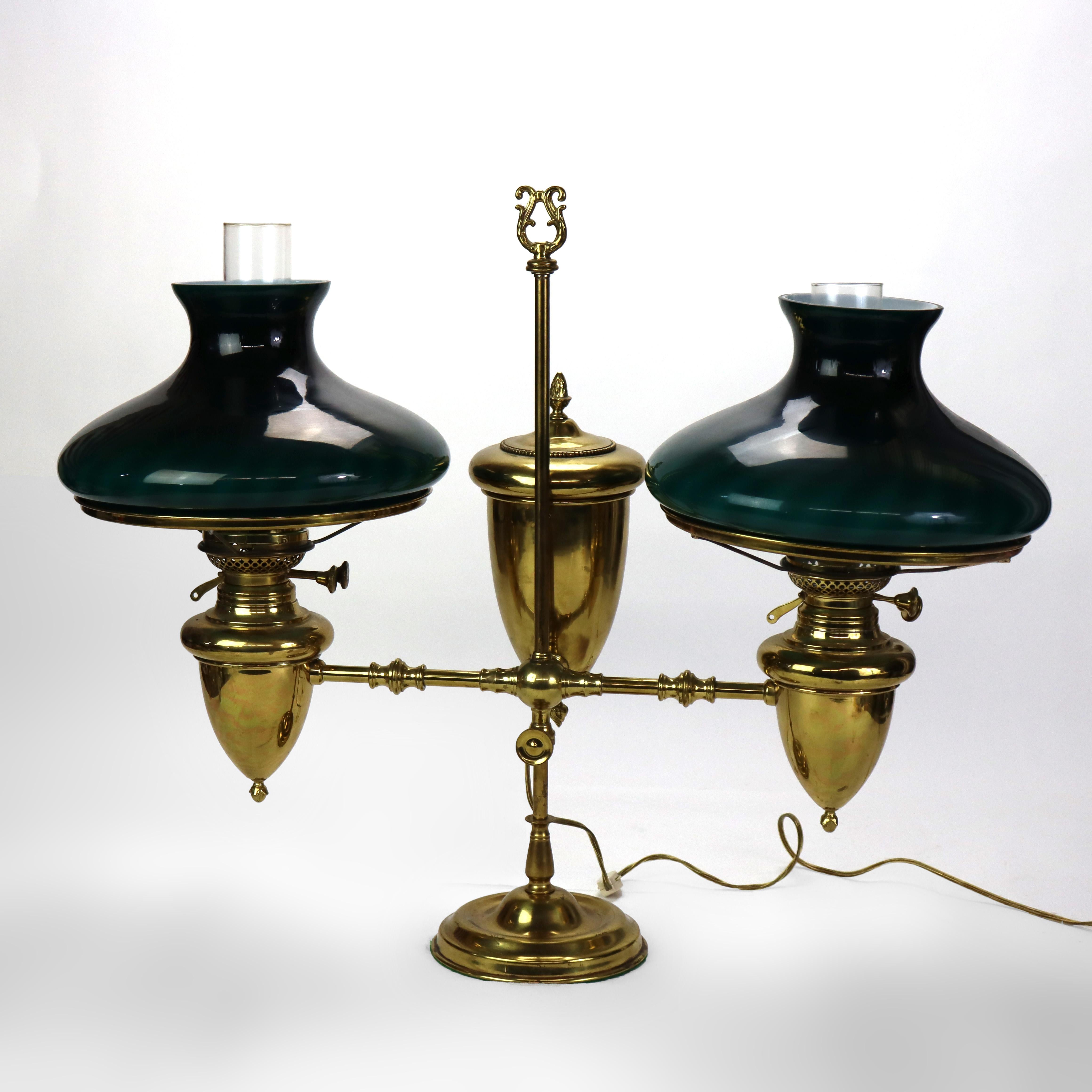 American \Antique Brass Double Student Lamp With Emerald Case Shades c1910 For Sale