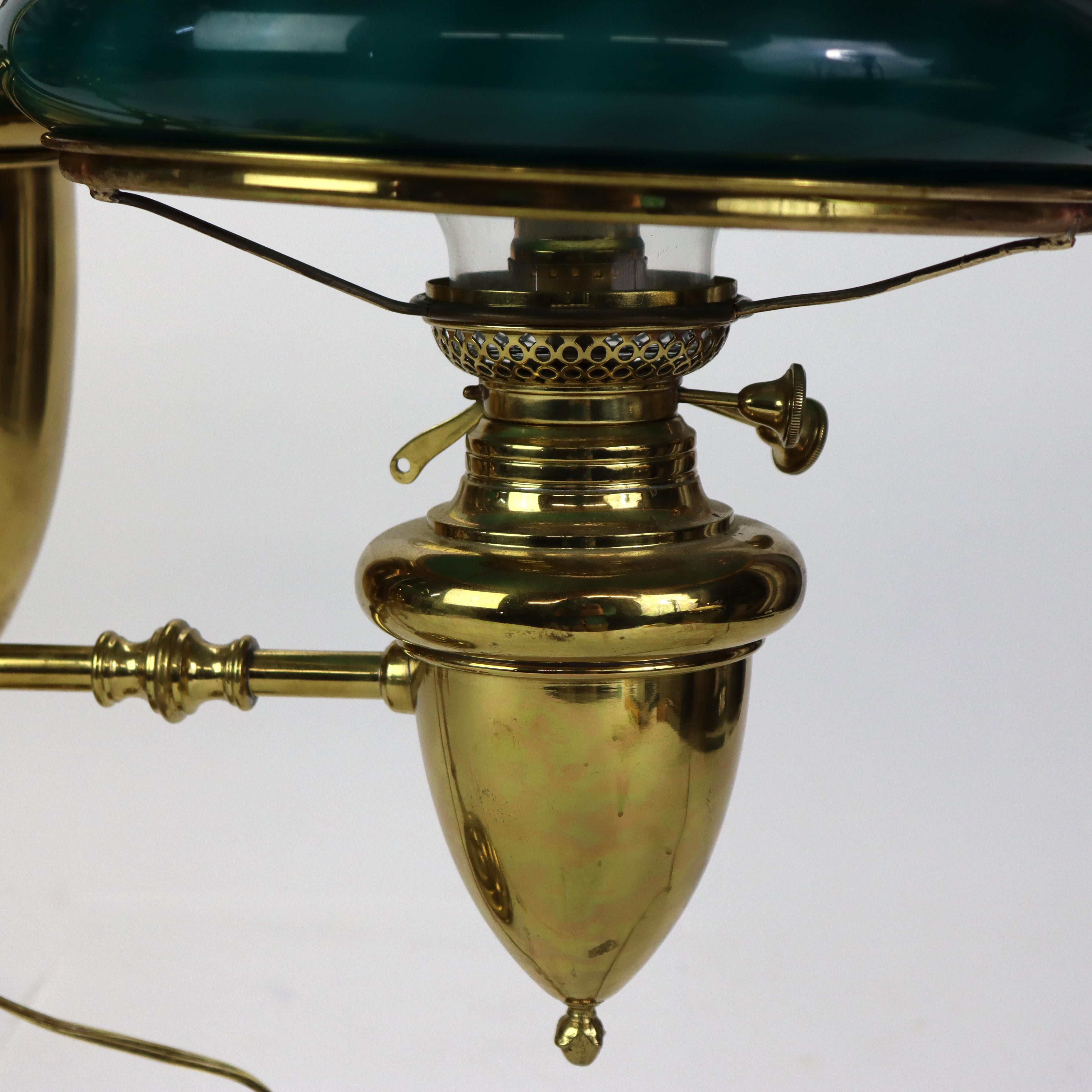 \Antique Brass Double Student Lamp With Emerald Case Shades c1910 In Good Condition For Sale In Big Flats, NY