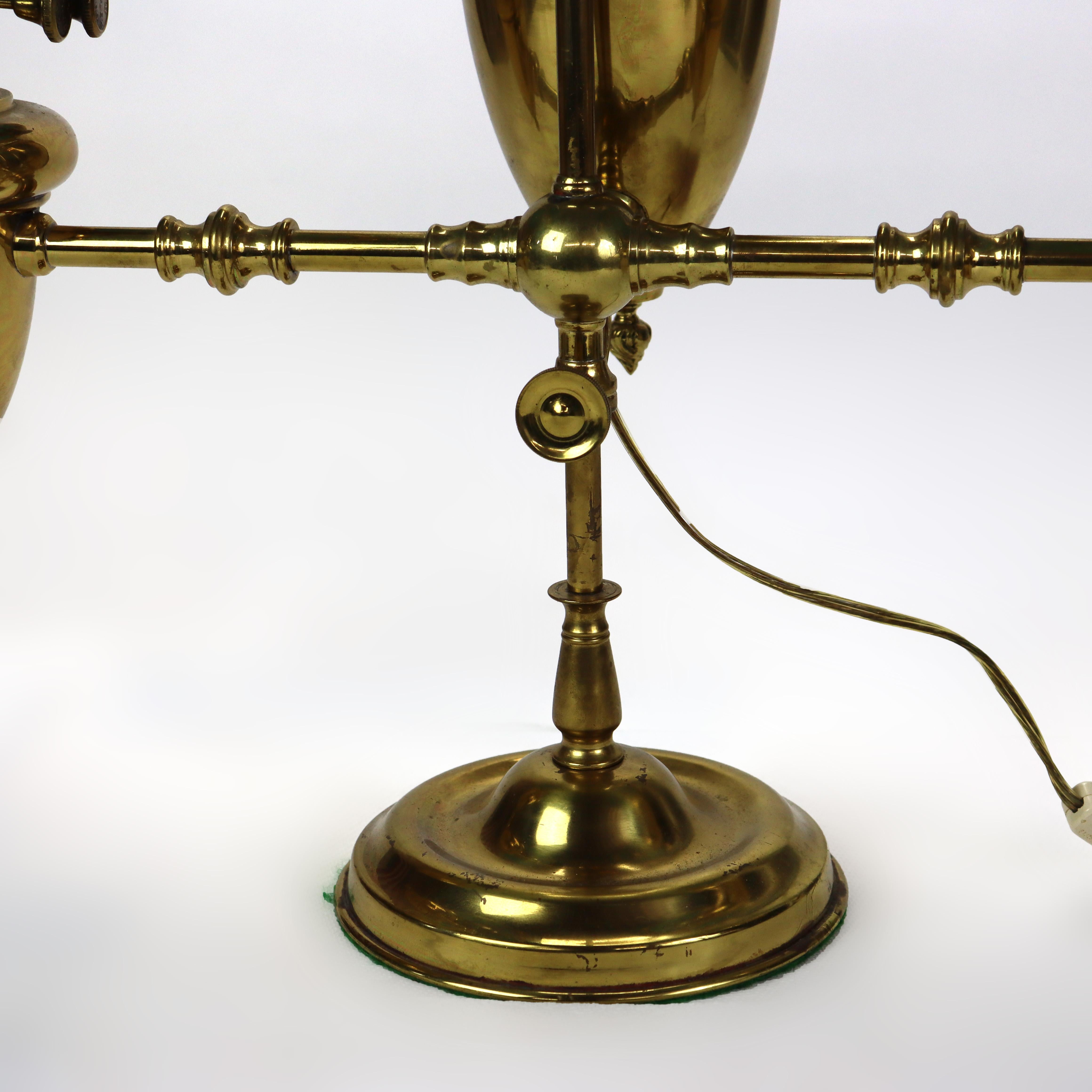 20th Century \Antique Brass Double Student Lamp With Emerald Case Shades c1910 For Sale