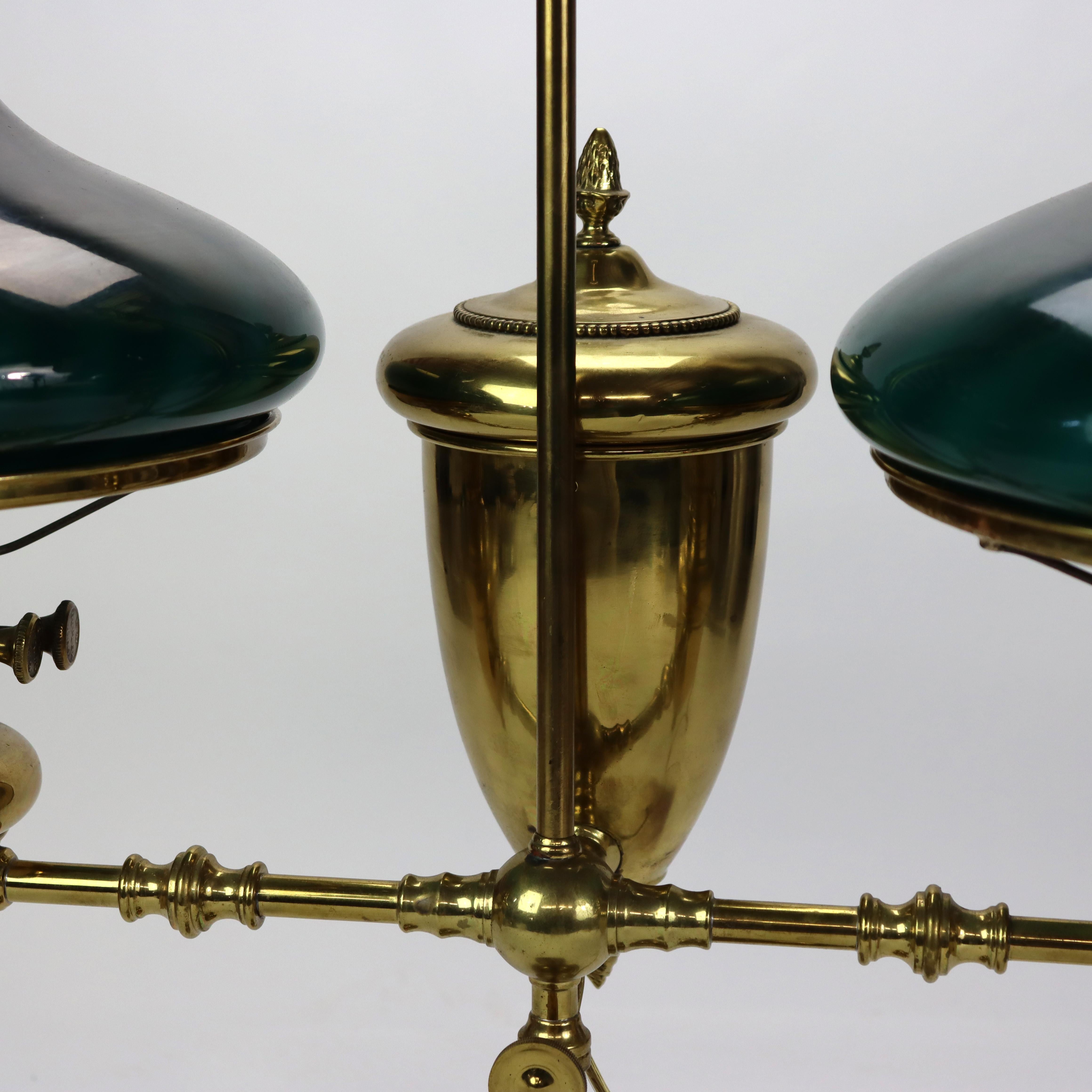 \Antique Brass Double Student Lamp With Emerald Case Shades c1910 For Sale 1