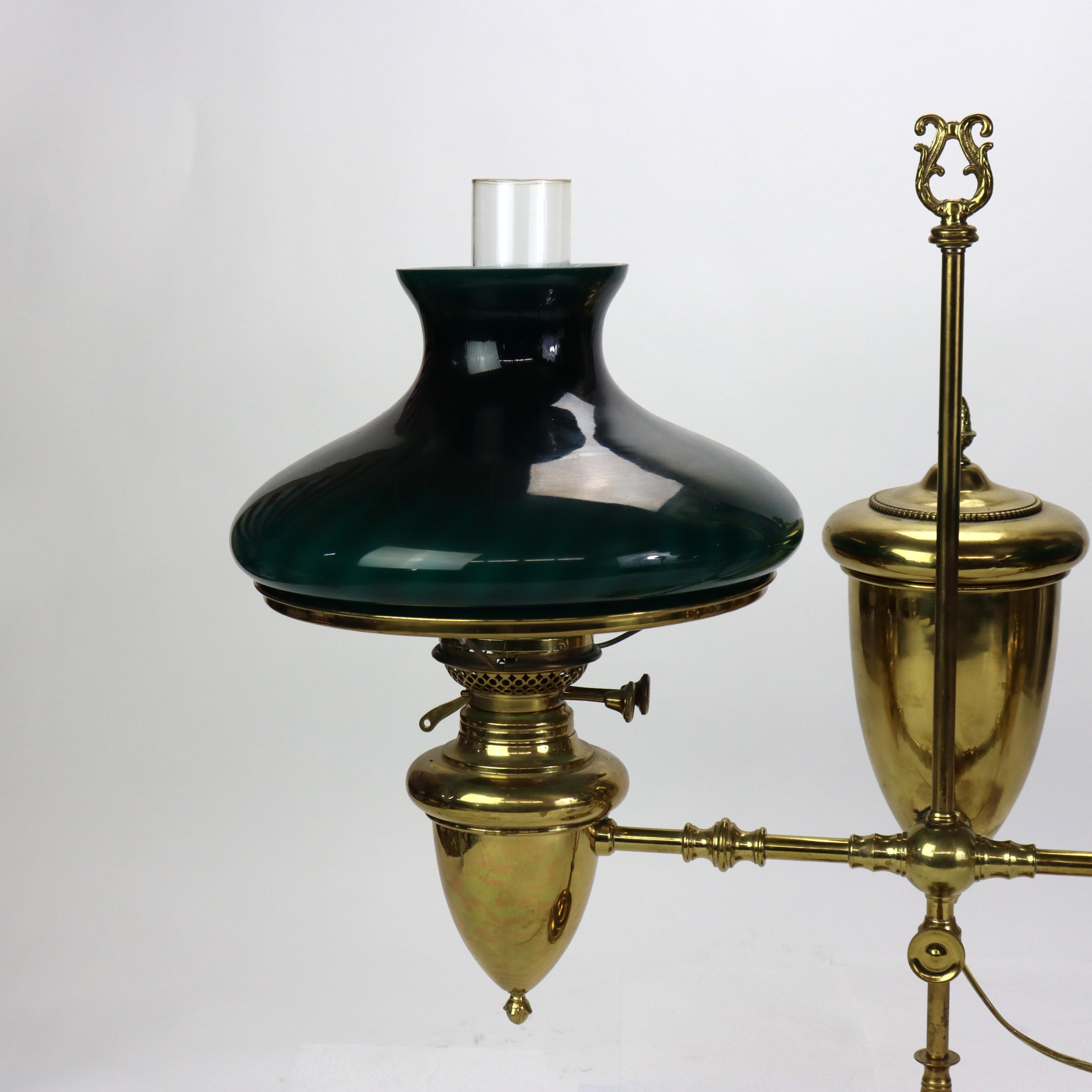 \Antique Brass Double Student Lamp With Emerald Case Shades c1910 For Sale 3