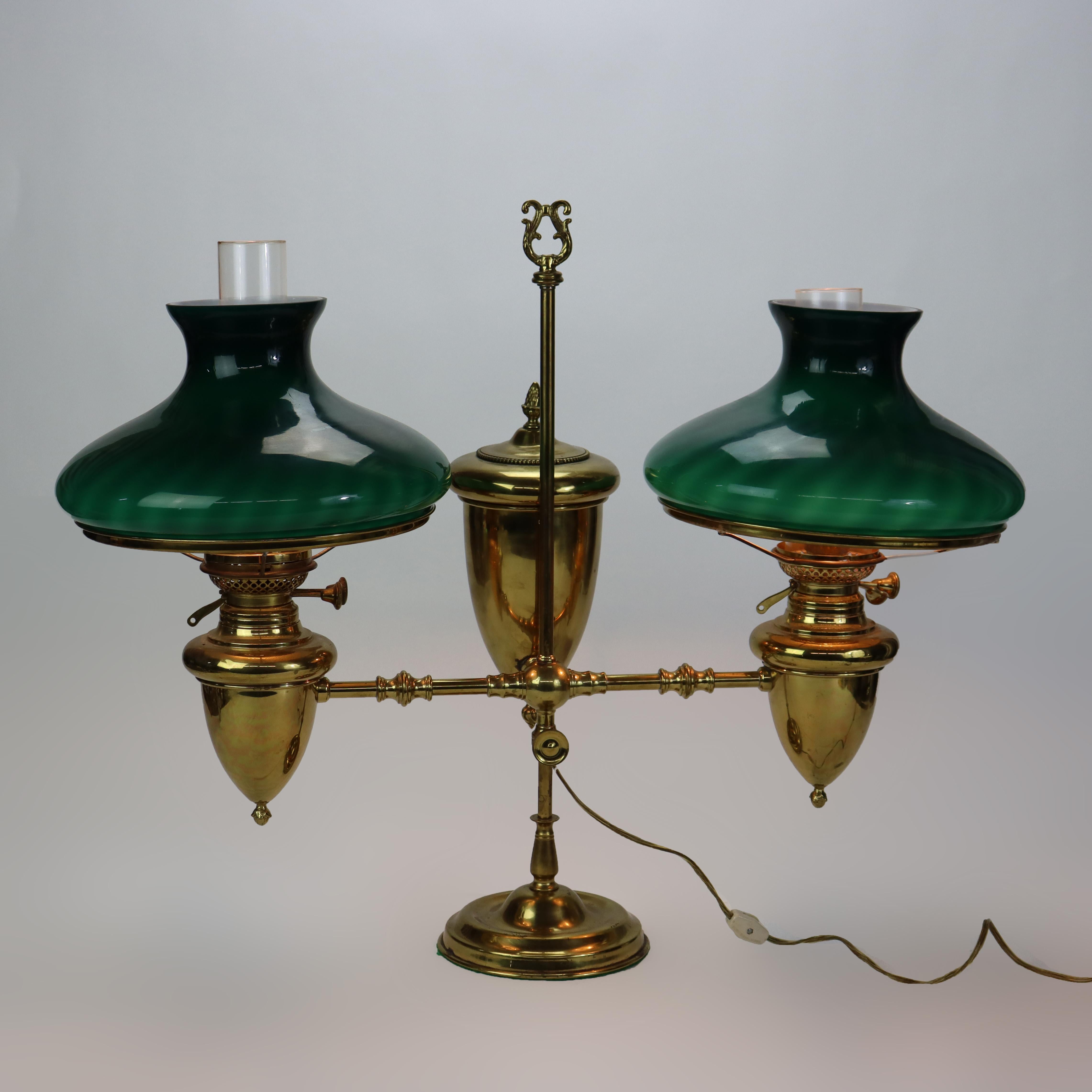 \Antique Brass Double Student Lamp With Emerald Case Shades c1910 For Sale 4