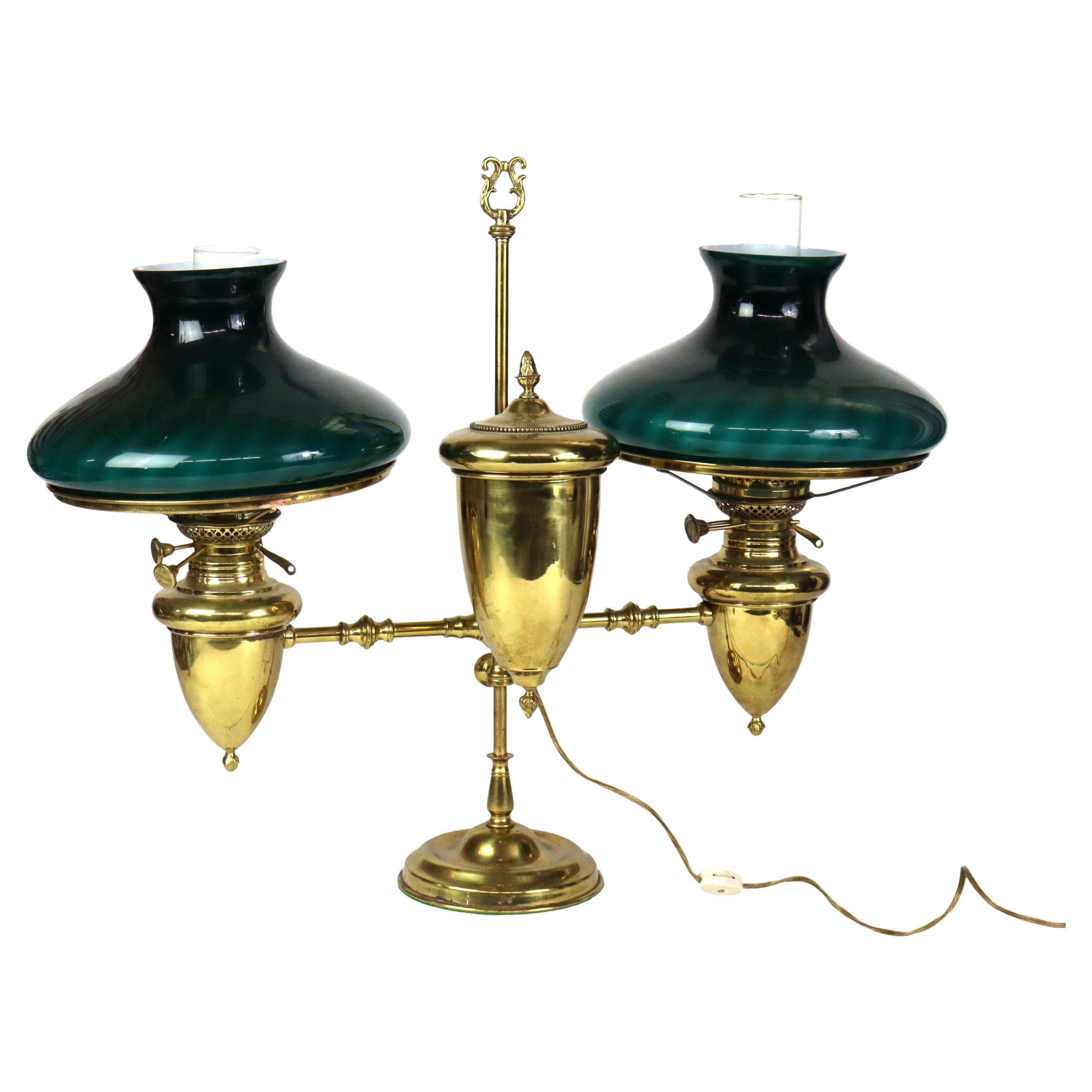 \Antique Brass Double Student Lamp With Emerald Case Shades c1910 For Sale