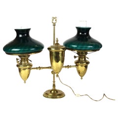 \Antique Brass Double Student Lamp With Emerald Case Shades c1910