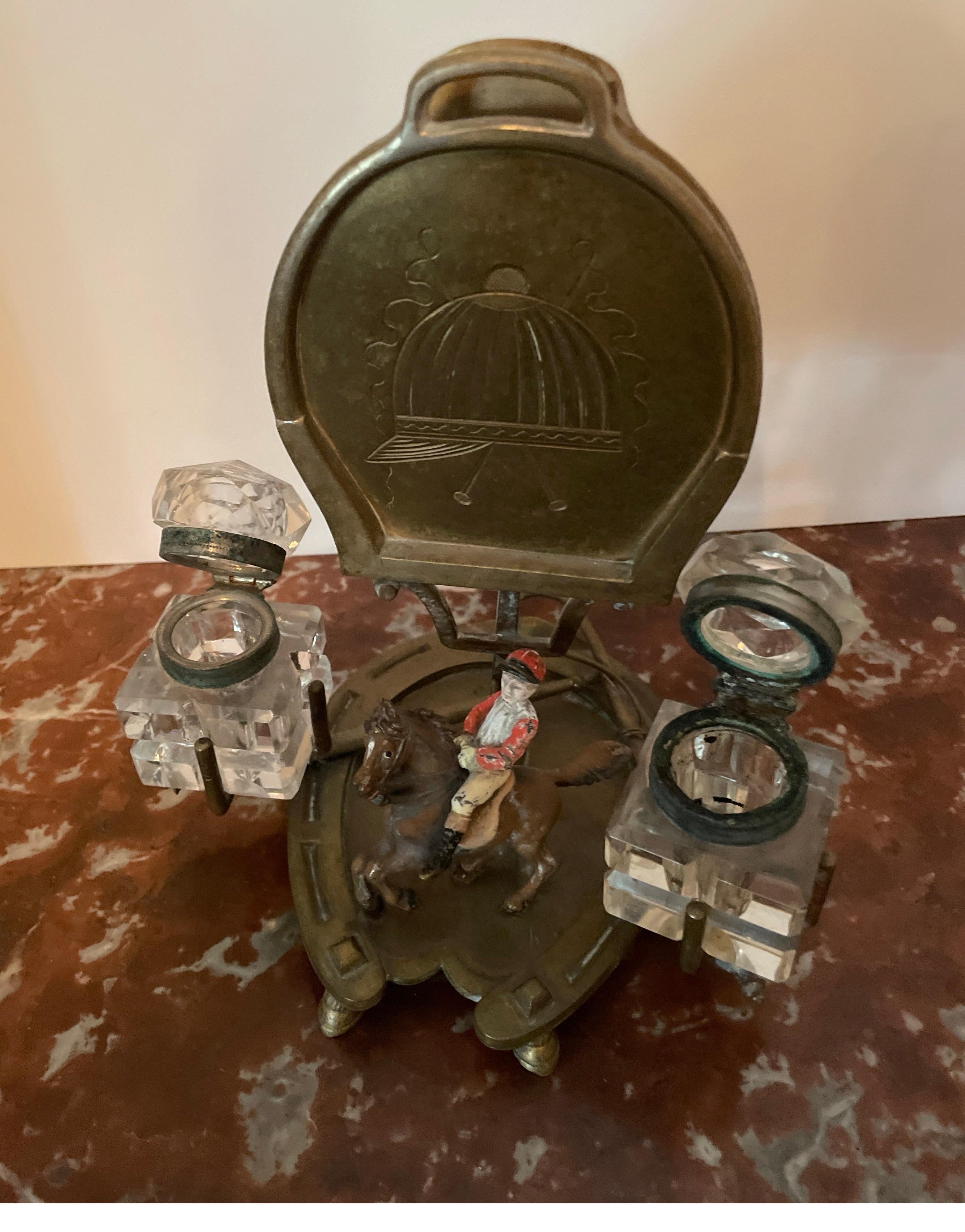 Antique Brass English Equestrian Inkwell with Horseshoe Base For Sale 2