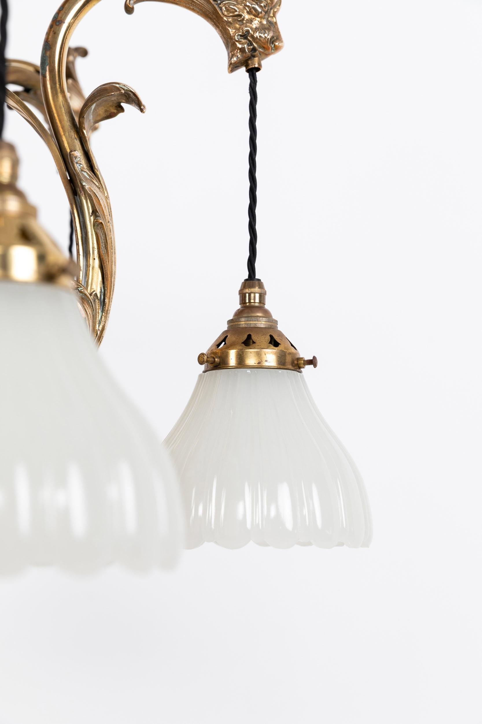 Antique Brass F&C Osler Moonstone Glass Chandelier Pendant Light, C.1920 For Sale 4