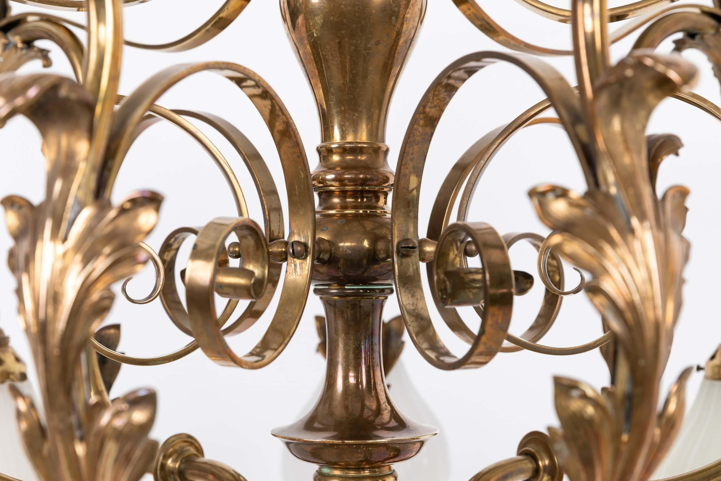 Antique Brass F&C Osler Moonstone Glass Chandelier Pendant Light, C.1920 For Sale 5