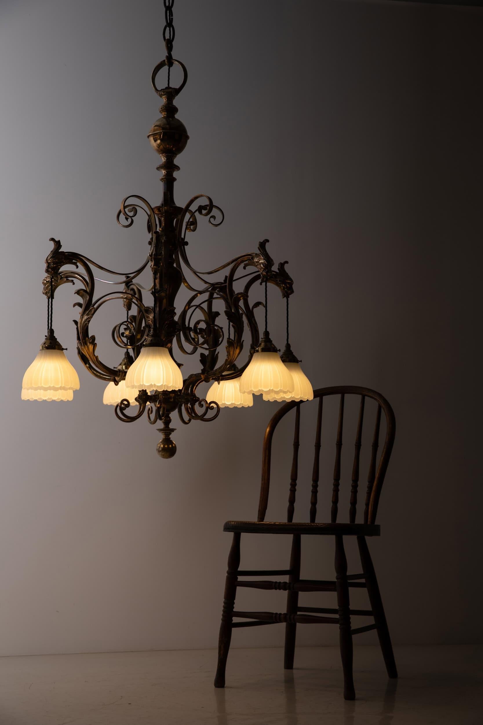 Antique Brass F&C Osler Moonstone Glass Chandelier Pendant Light, C.1920 For Sale 7