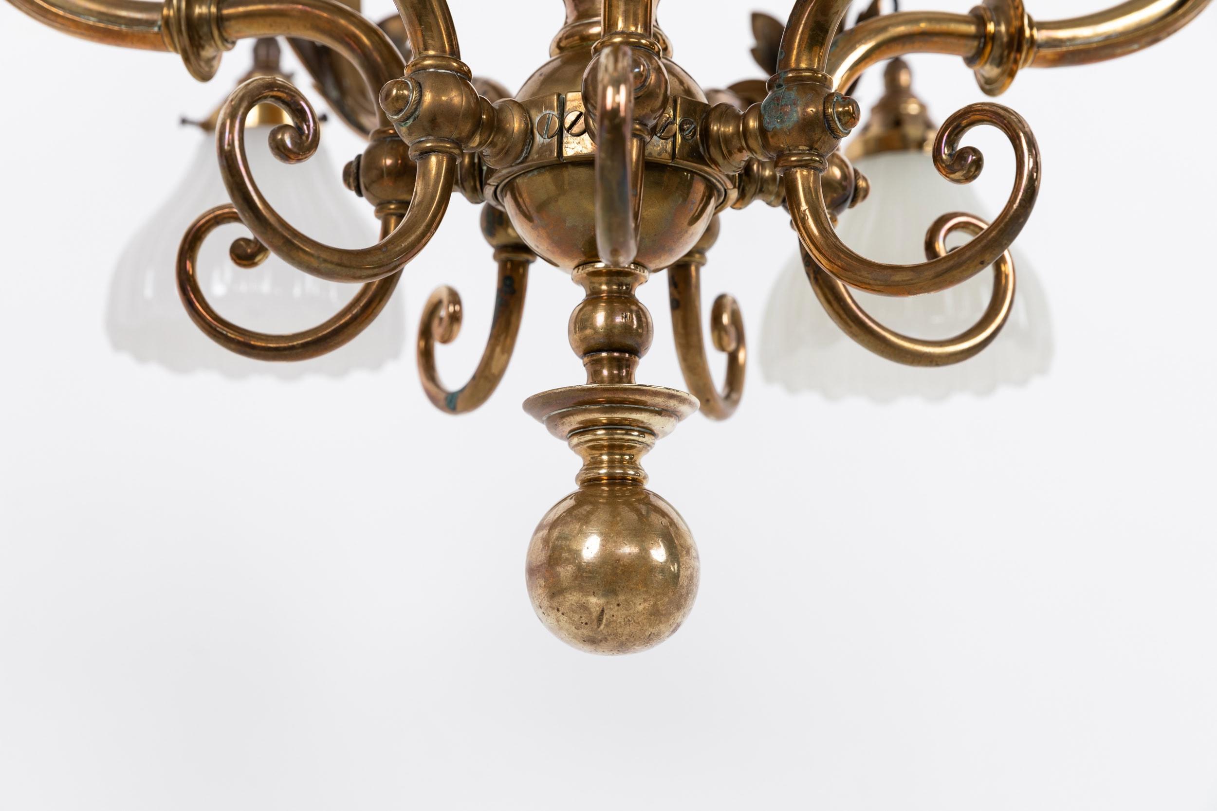 English Antique Brass F&C Osler Moonstone Glass Chandelier Pendant Light, C.1920 For Sale