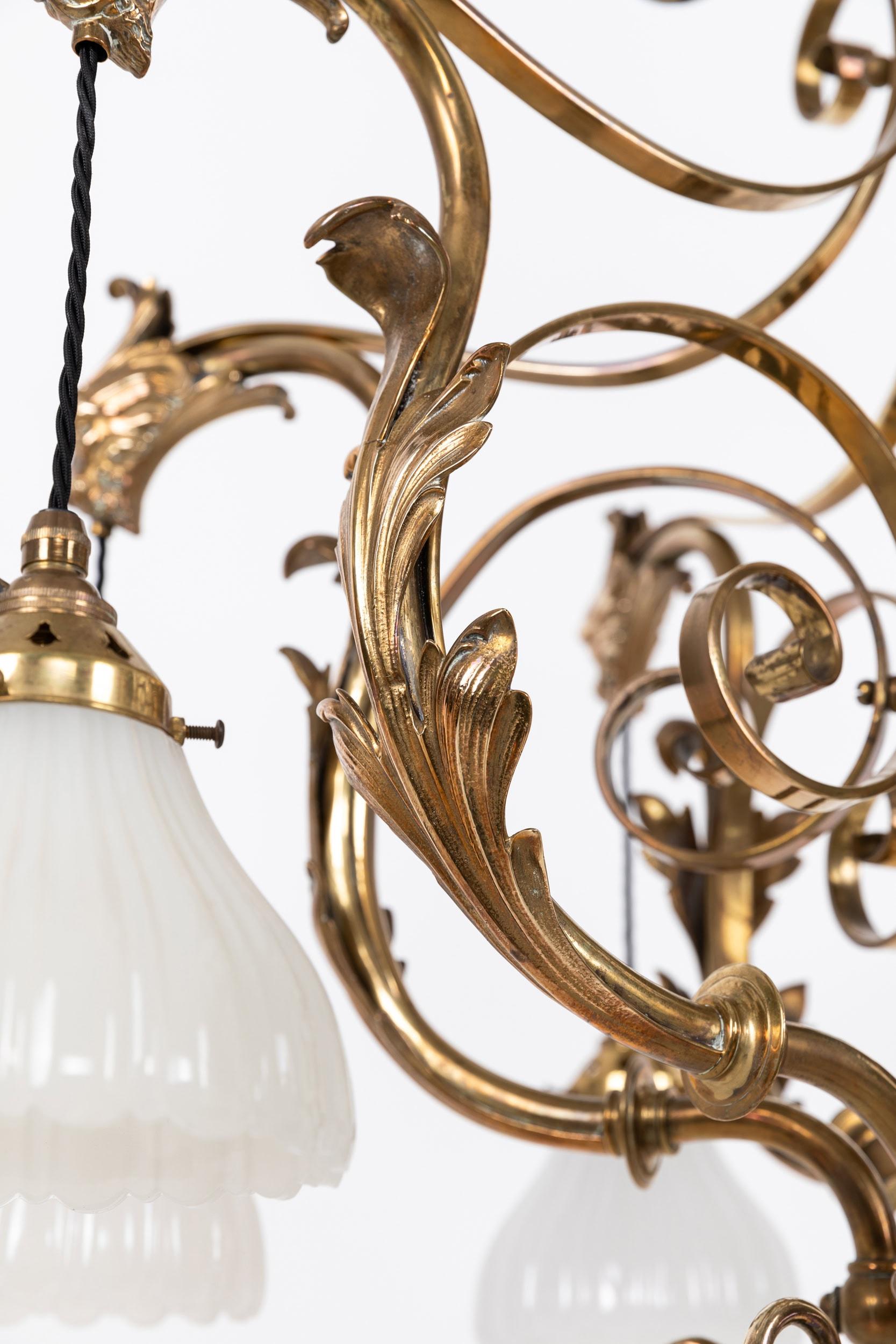 20th Century Antique Brass F&C Osler Moonstone Glass Chandelier Pendant Light, C.1920 For Sale