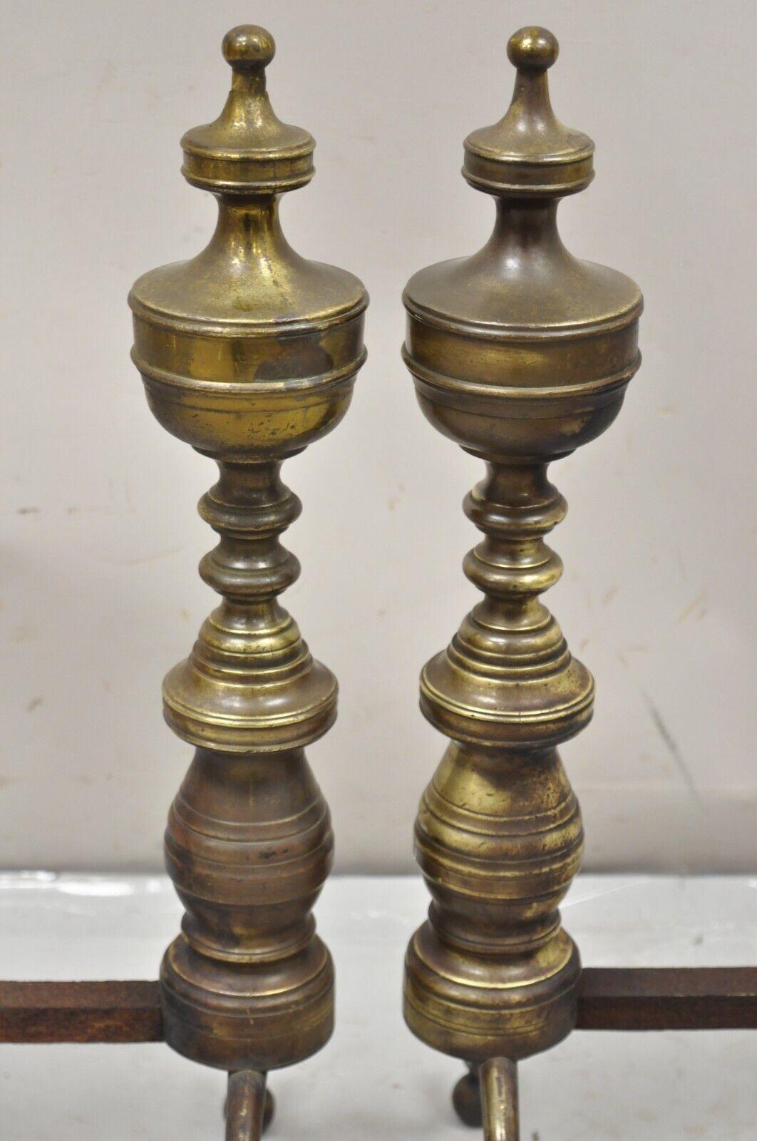 Antique Brass Federal Branch Leg Urn Finial Cast Iron Andirons - a Pair For Sale 8