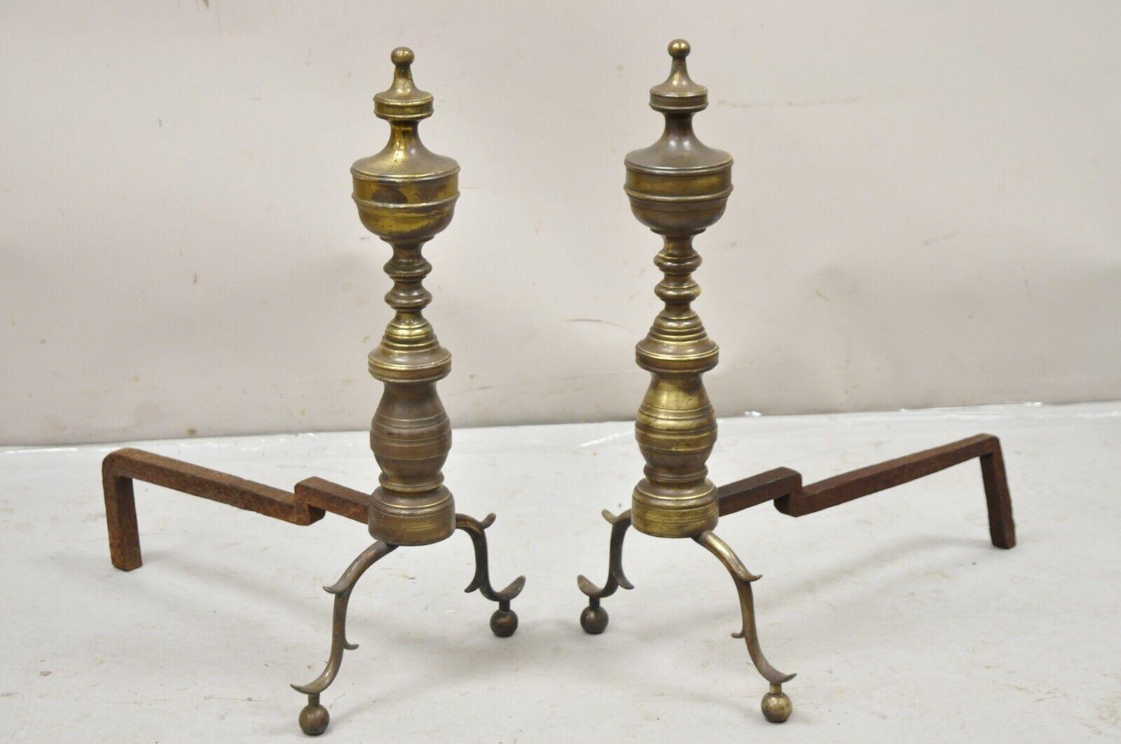 Antique Brass Federal Branch Leg Urn Finial Cast Iron Andirons - a Pair In Good Condition For Sale In Philadelphia, PA