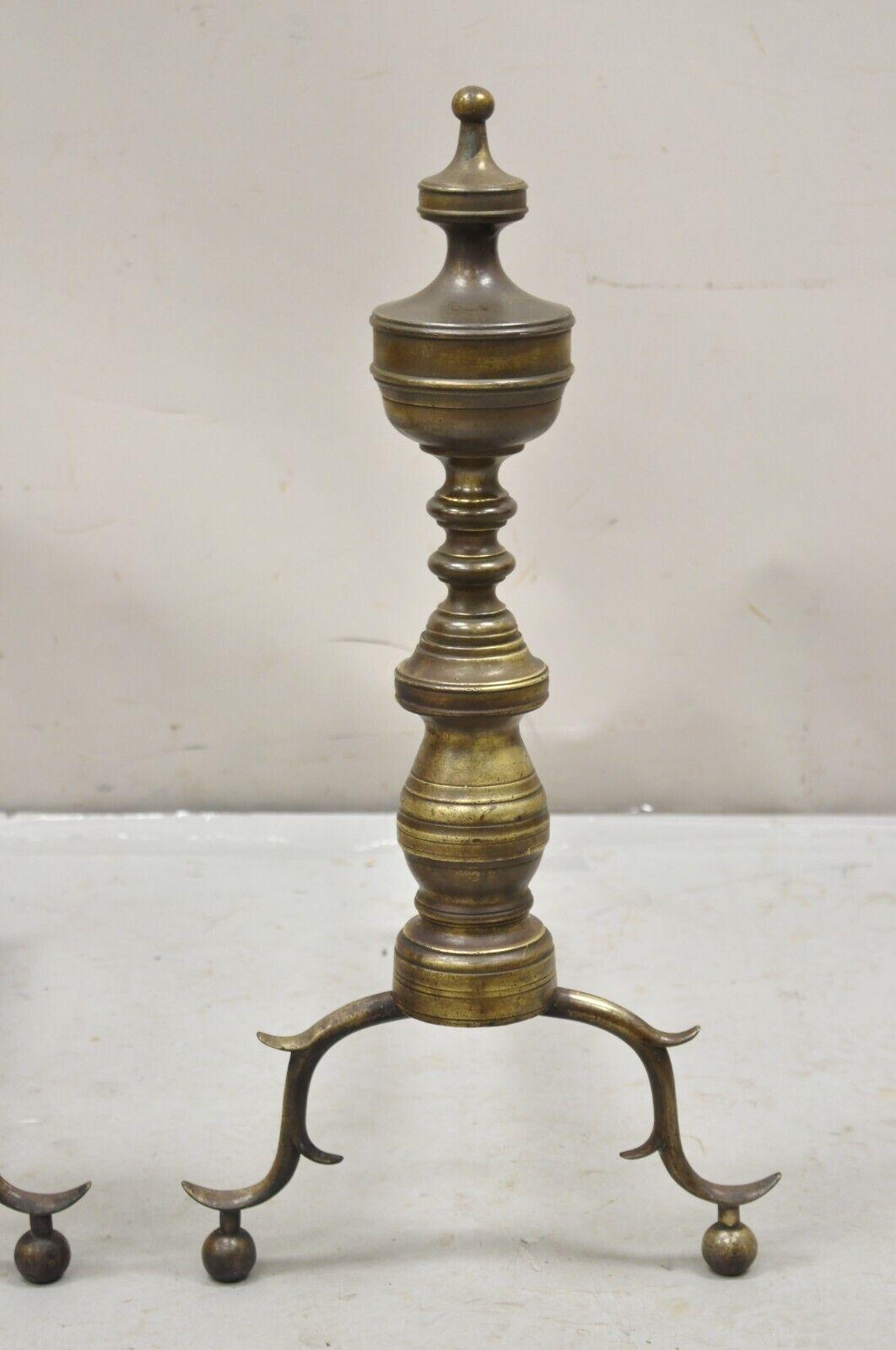 19th Century Antique Brass Federal Branch Leg Urn Finial Cast Iron Andirons - a Pair For Sale