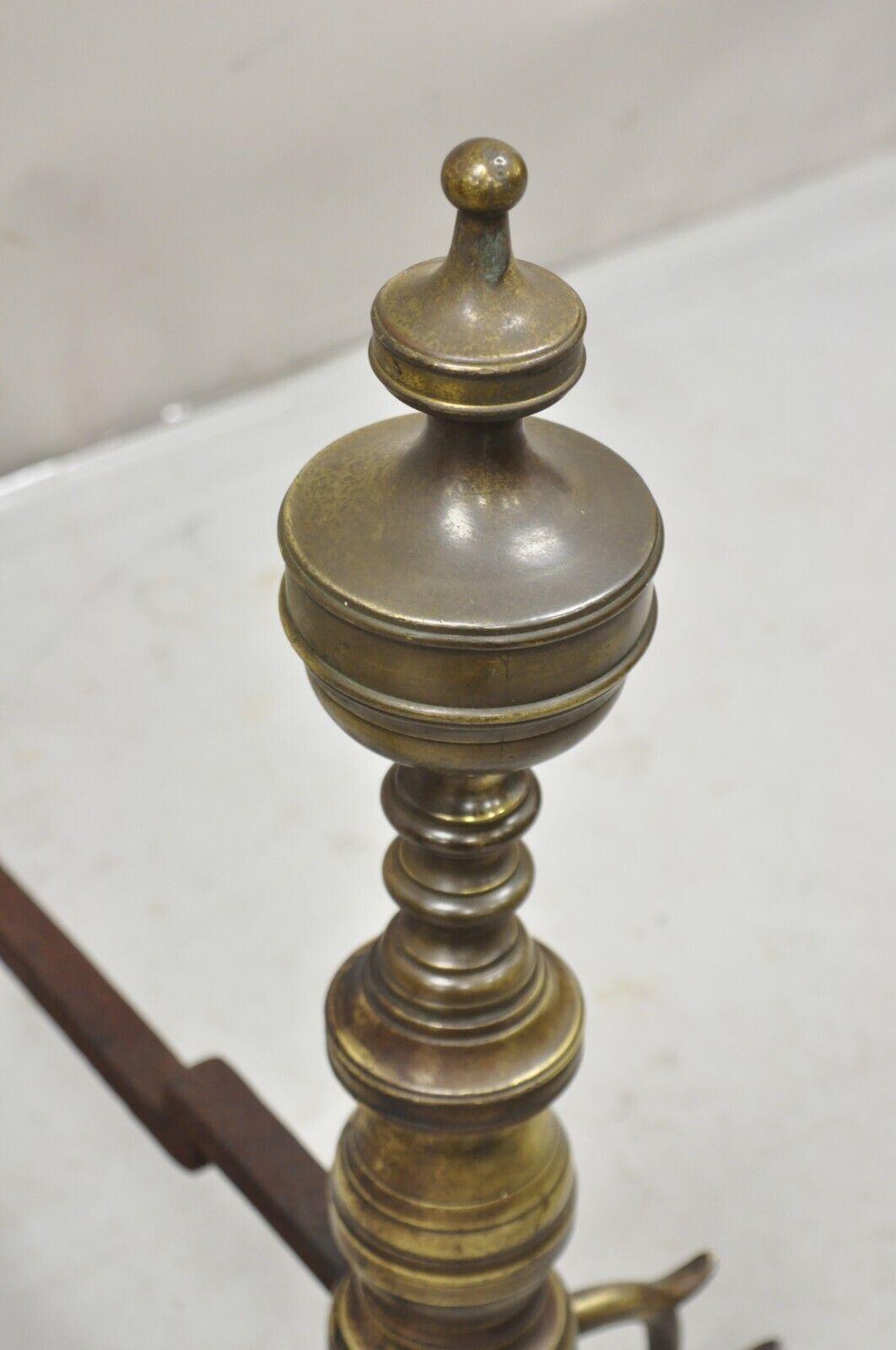 Antique Brass Federal Branch Leg Urn Finial Cast Iron Andirons - a Pair For Sale 1