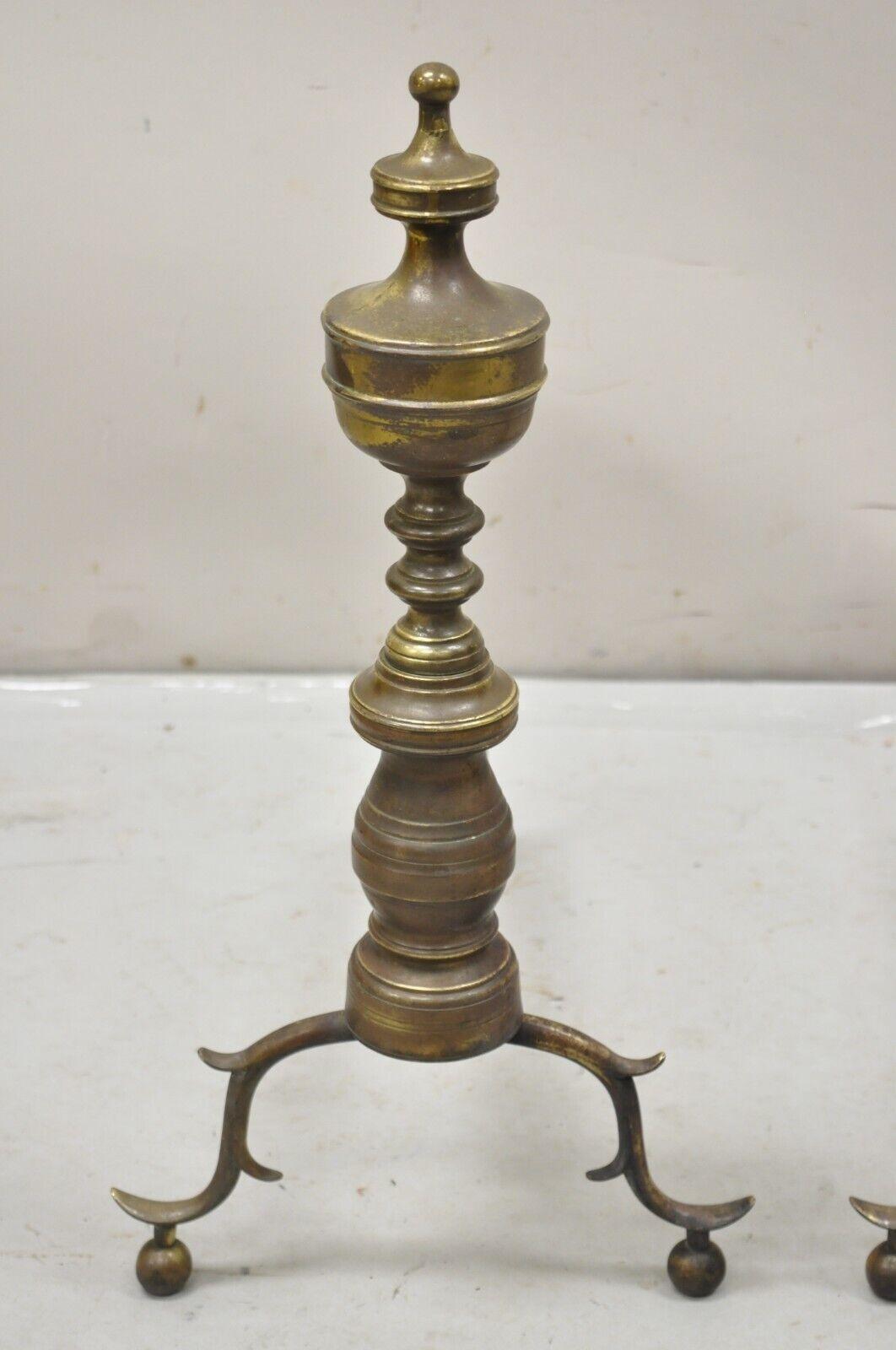 Antique Brass Federal Branch Leg Urn Finial Cast Iron Andirons - a Pair For Sale 2