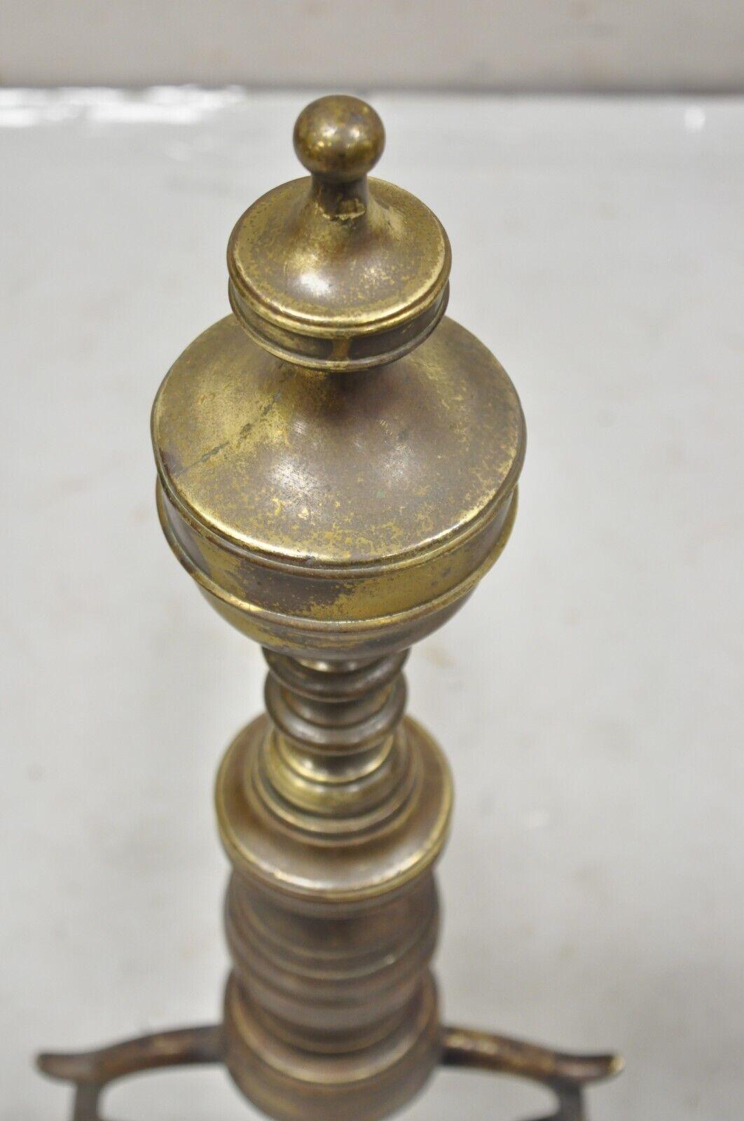 Antique Brass Federal Branch Leg Urn Finial Cast Iron Andirons - a Pair For Sale 3
