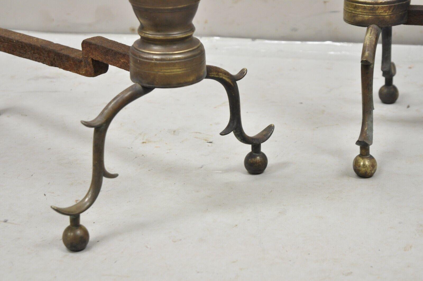 Antique Brass Federal Branch Leg Urn Finial Cast Iron Andirons - a Pair For Sale 4