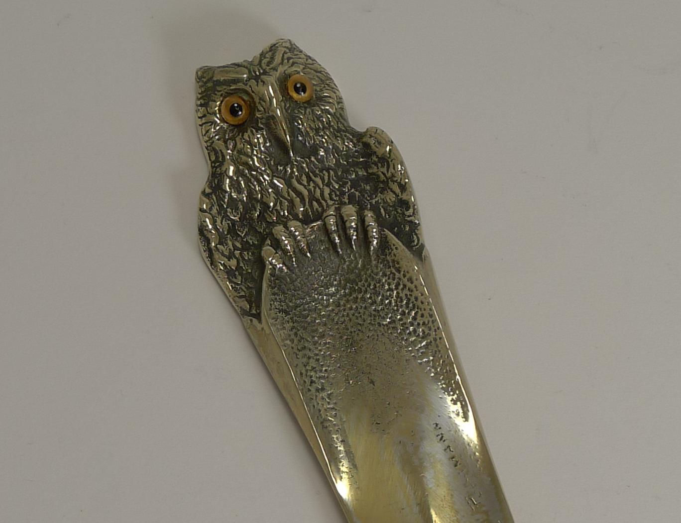 A fine and charming figural letter opener or paper knife made from solid cast brass with a novelty owl terminal. The blade is signed, it is hard to make out but ends in… mann, so I would imagine Austrian in origin.

The owl is beautifully executed
