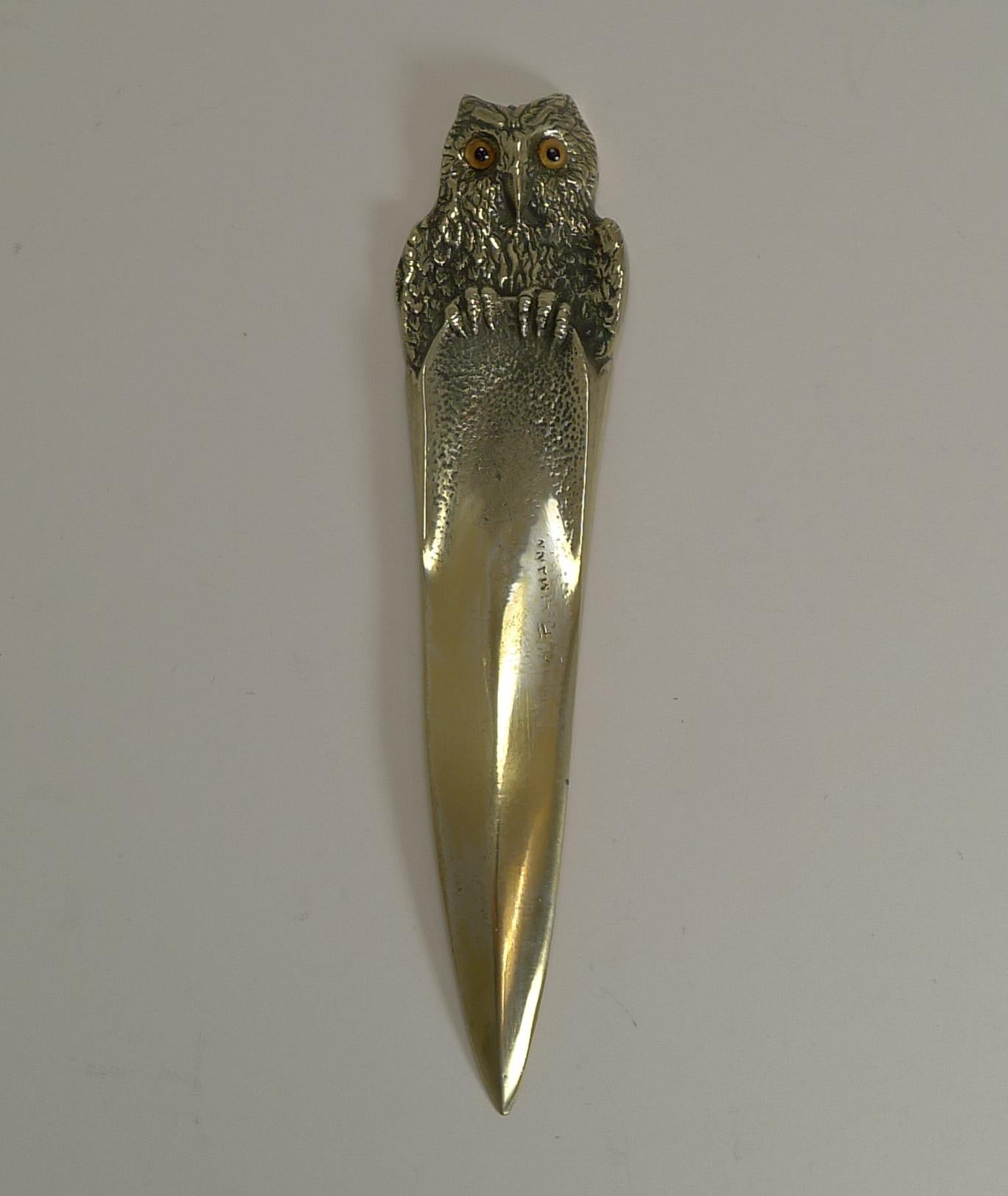 Edwardian Antique Brass Figural Letter Opener or Paper Knife, Owl, circa 1900, Signed
