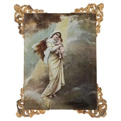 Antique Brass Filigree Frame & Madonna Reverse Lithograph on Glass