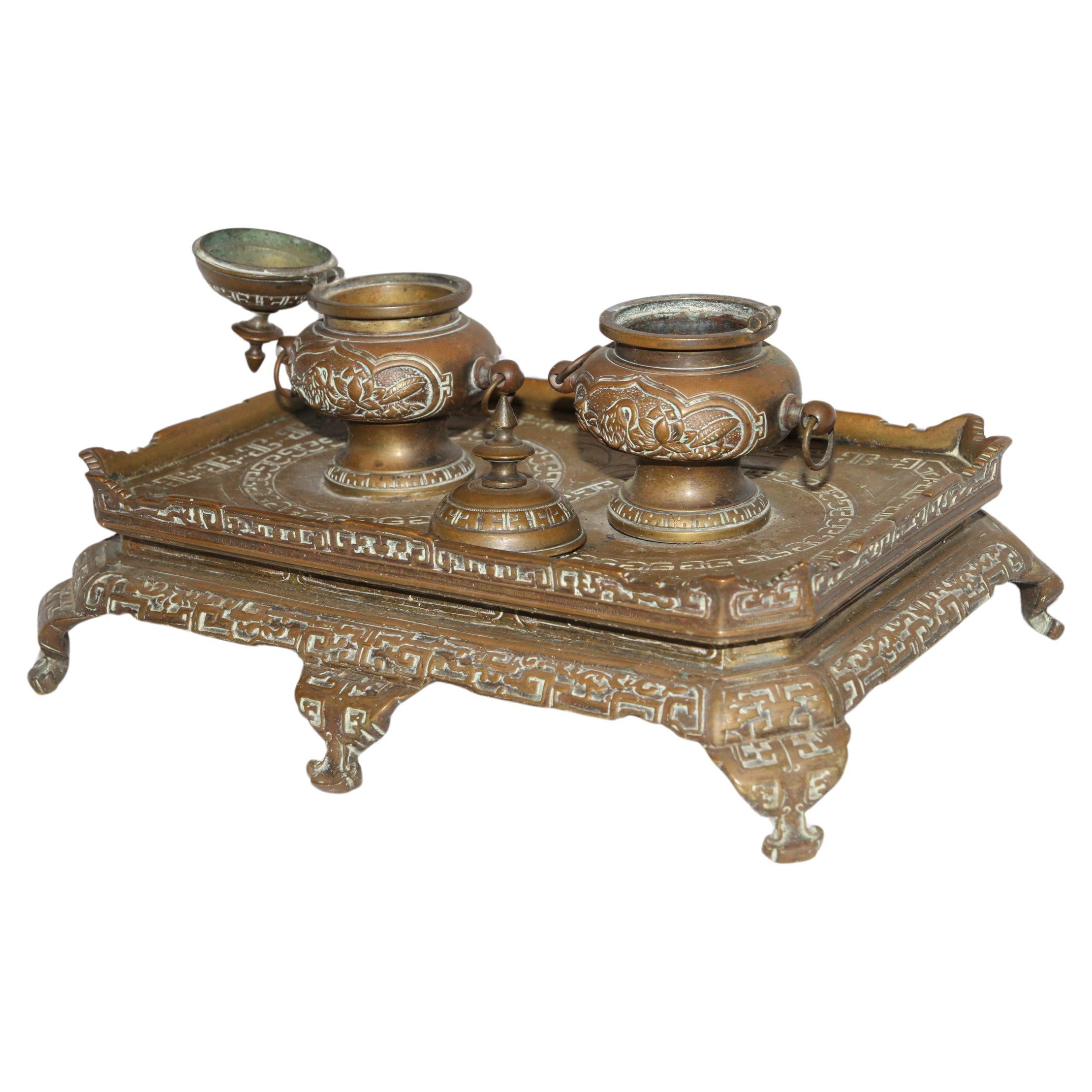 Antique Brass Filligree Double Inkwell