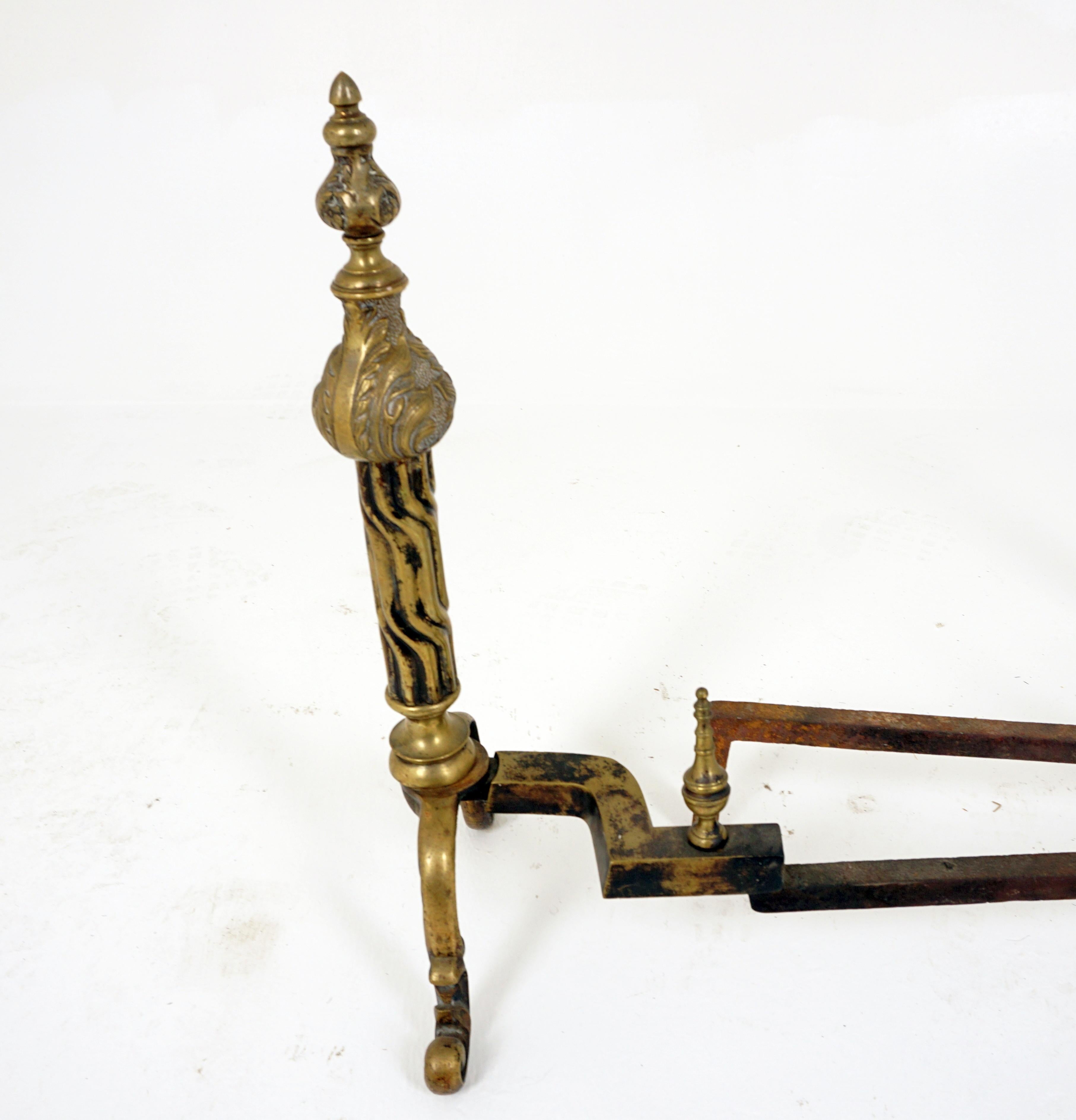 Hand-Crafted Antique Brass Fire Dogs, Pair of Large Baroque Andirons, England 1870, H329 For Sale