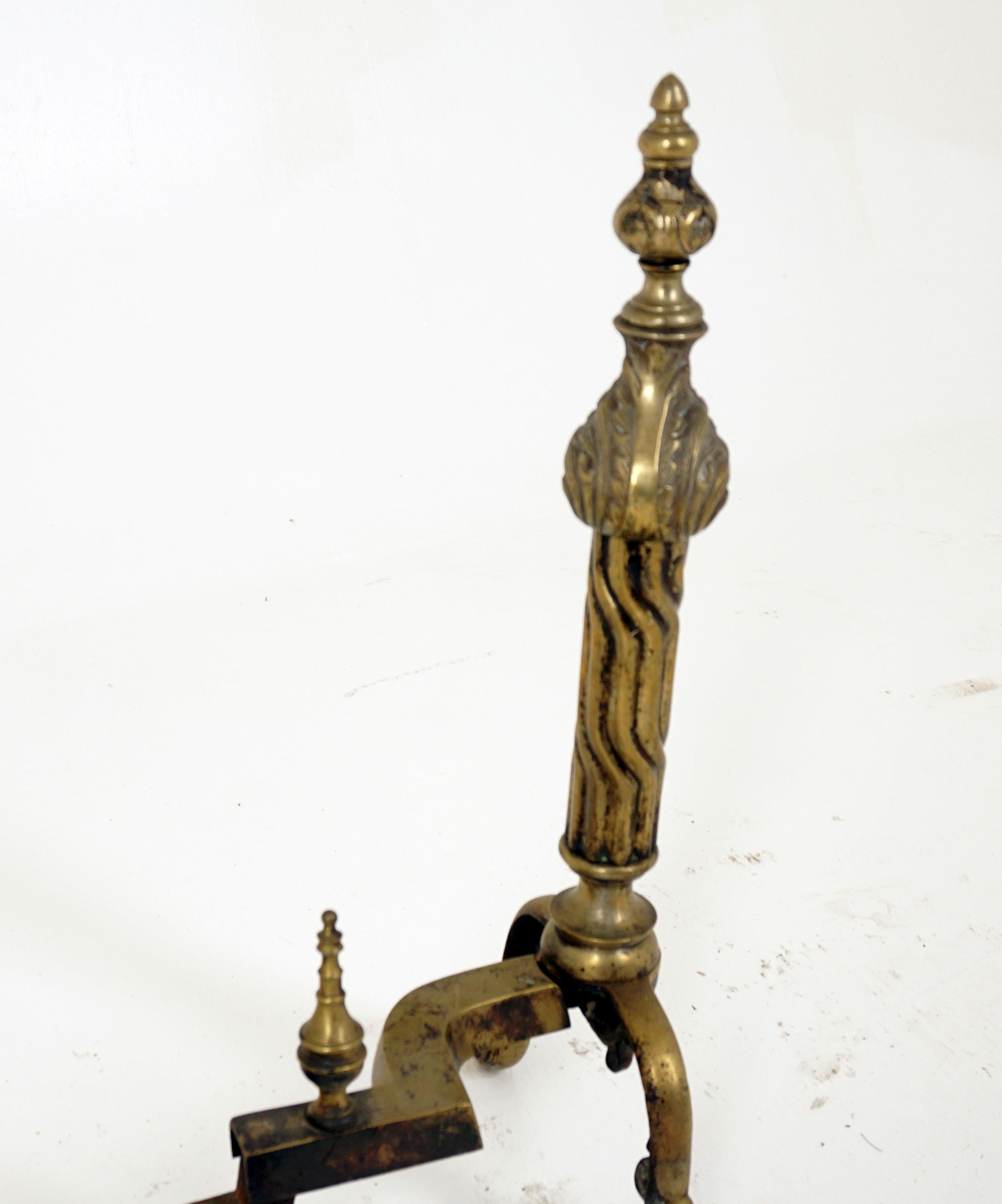 Antique Brass Fire Dogs, Pair of Large Baroque Andirons, England 1870, H329 In Good Condition For Sale In Vancouver, BC