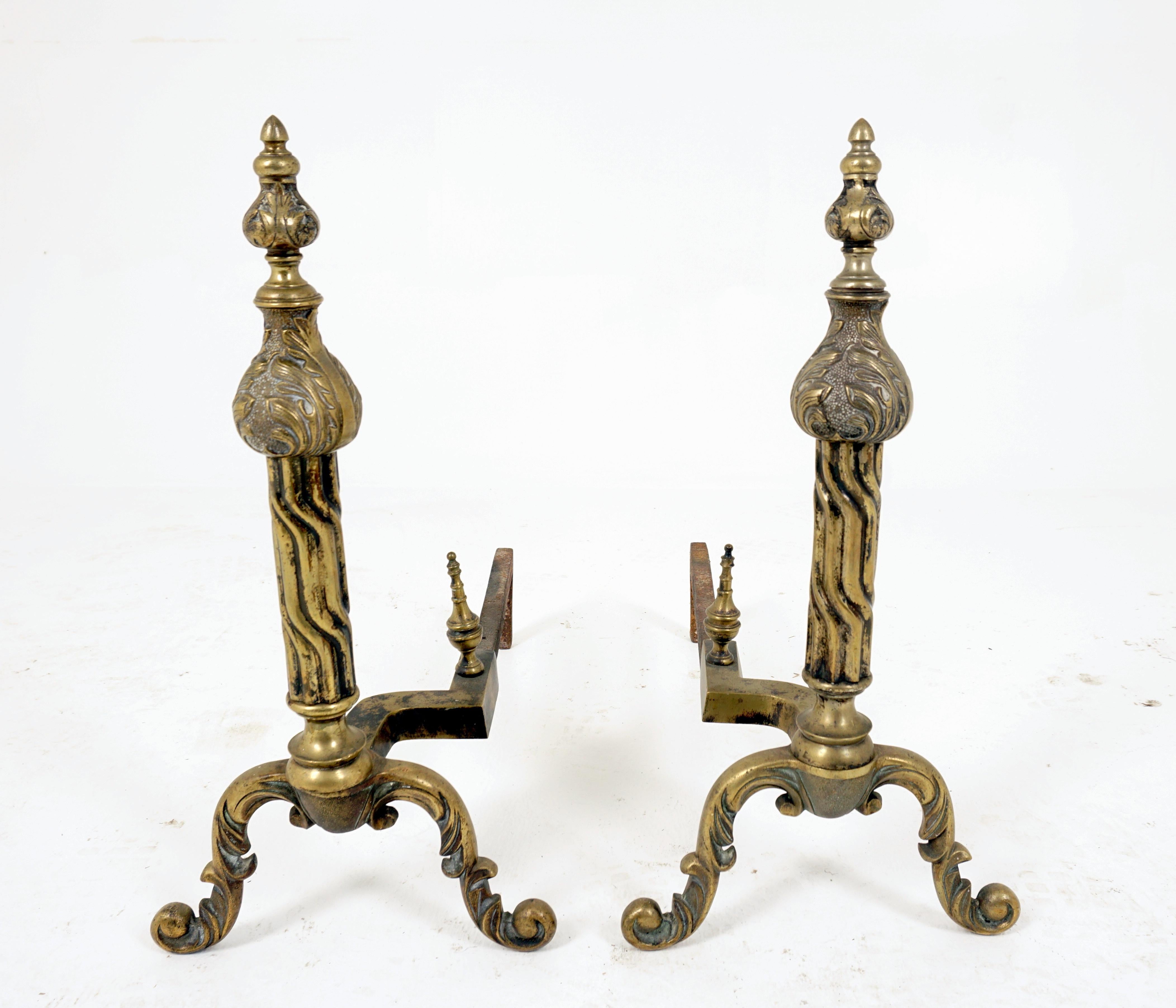 Late 19th Century Antique Brass Fire Dogs, Pair of Large Baroque Andirons, England 1870, H329 For Sale