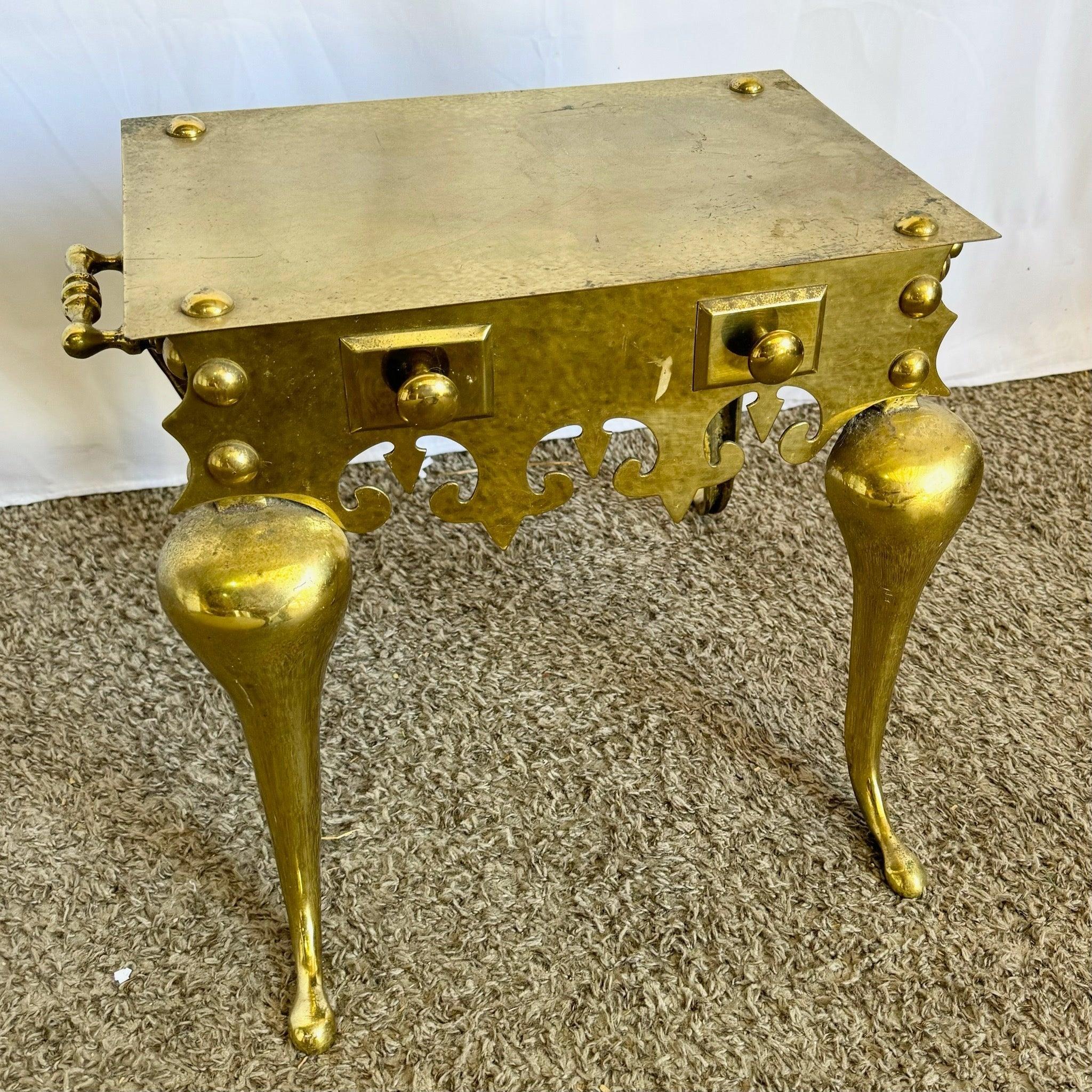 Antique Brass Fireplace Kettle Trivet Side Table—Victorian-era piece with ornate detailing, perfect as a unique accent or hearth decor.​
 
 Pitting as can be seen in the photos. 
 
 We sell items as acquired, without restoring or repairing. Vintage